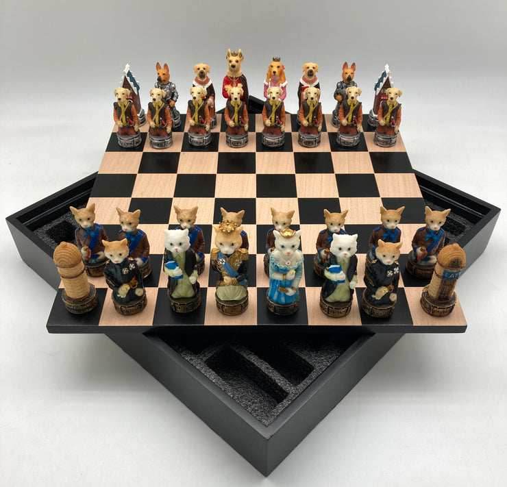 Chess Set - Cats & Dogs Resin Chessmen on Black/Maple Chest - 