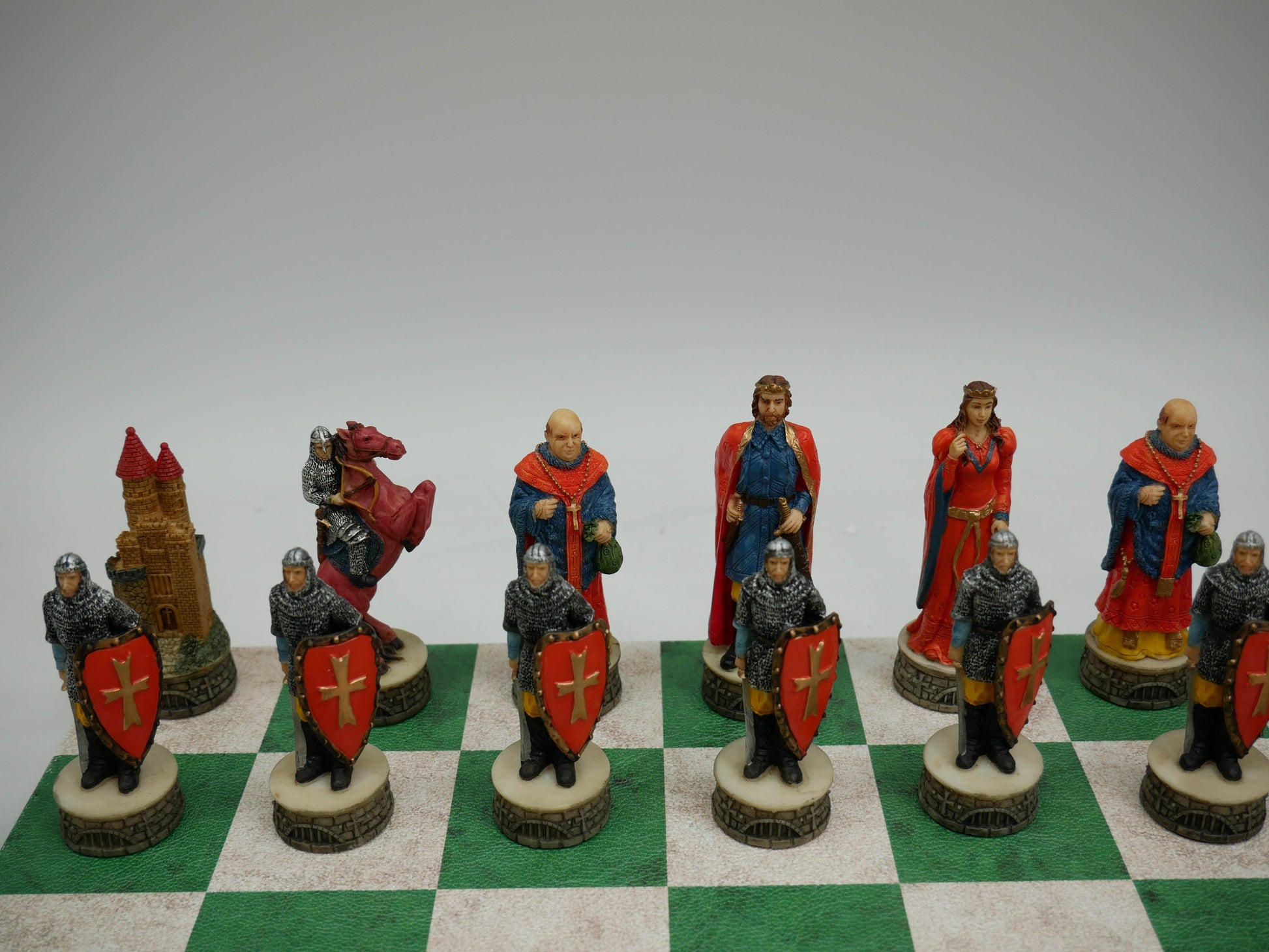 Chess Set - Robin Hood Chessmen on Green & Cream Faux Leatherette Chess Board - 