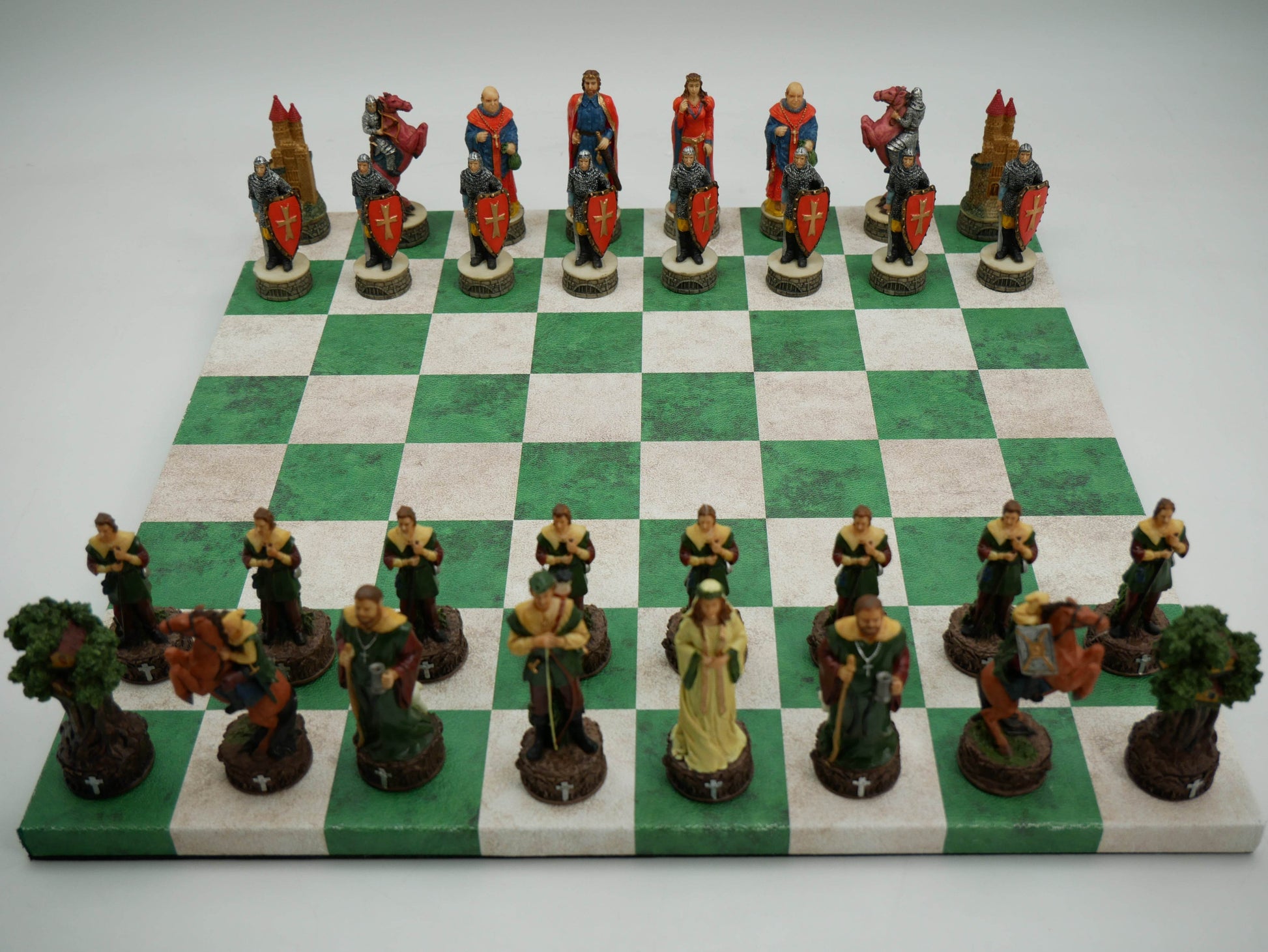 Chess Set - Robin Hood Chessmen on Green & Cream Faux Leatherette Chess Board - 