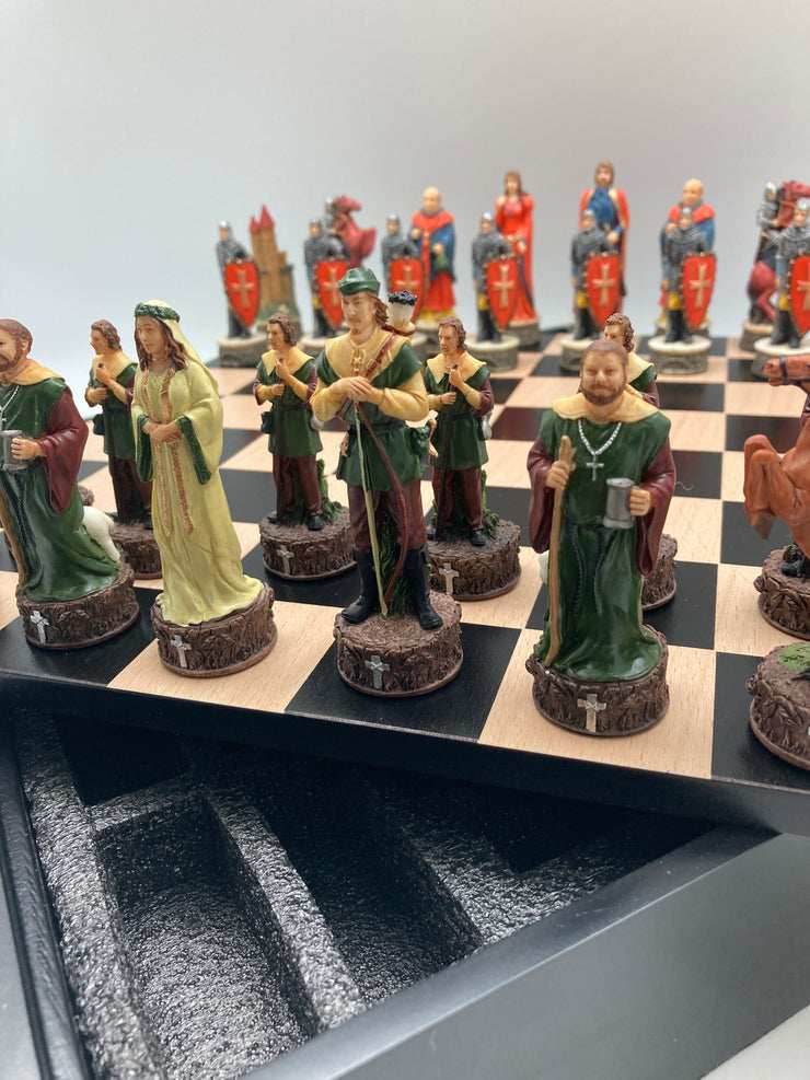 Chess Set -Robin Hood Resin Chessmen on Black/Maple Chest - 