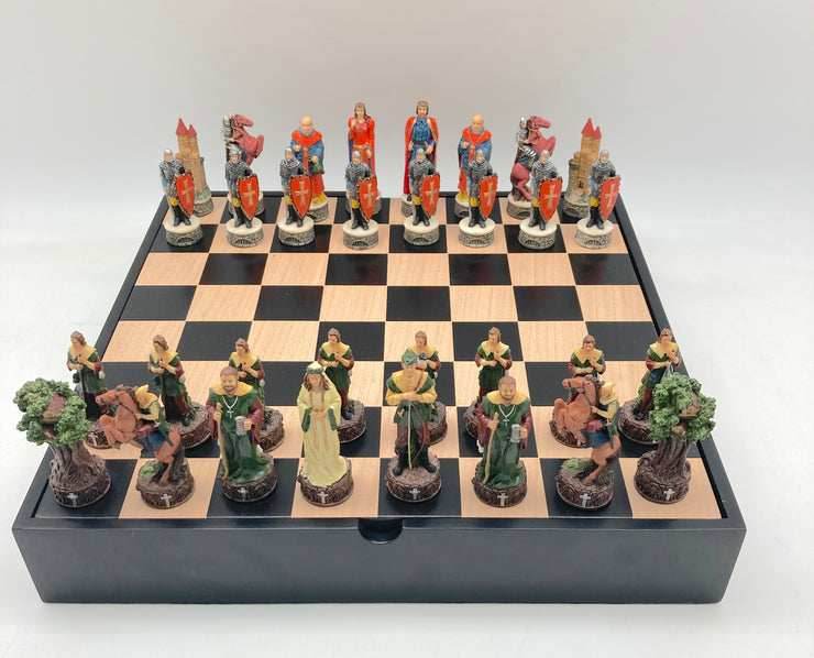 Chess Set -Robin Hood Resin Chessmen on Black/Maple Chest - 