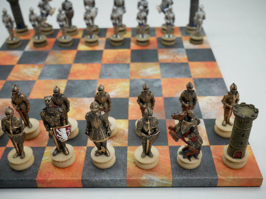 Chess Set - Painted Resin Medieval Knights Pieces on Fire & Dusky Black Faux Leatherette Chess Board - 