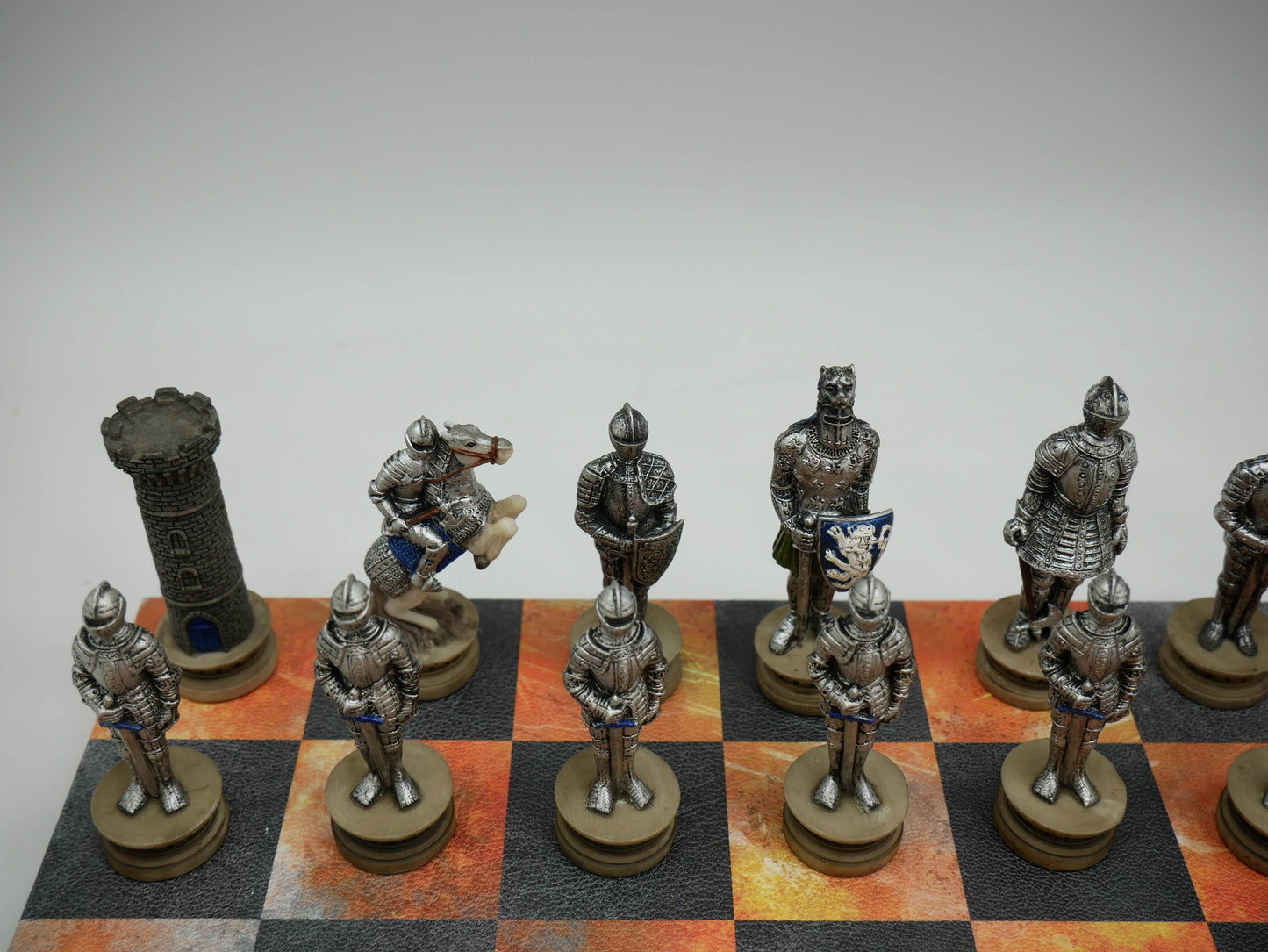 Chess Set - Painted Resin Medieval Knights Pieces on Fire & Dusky Black Faux Leatherette Chess Board - 