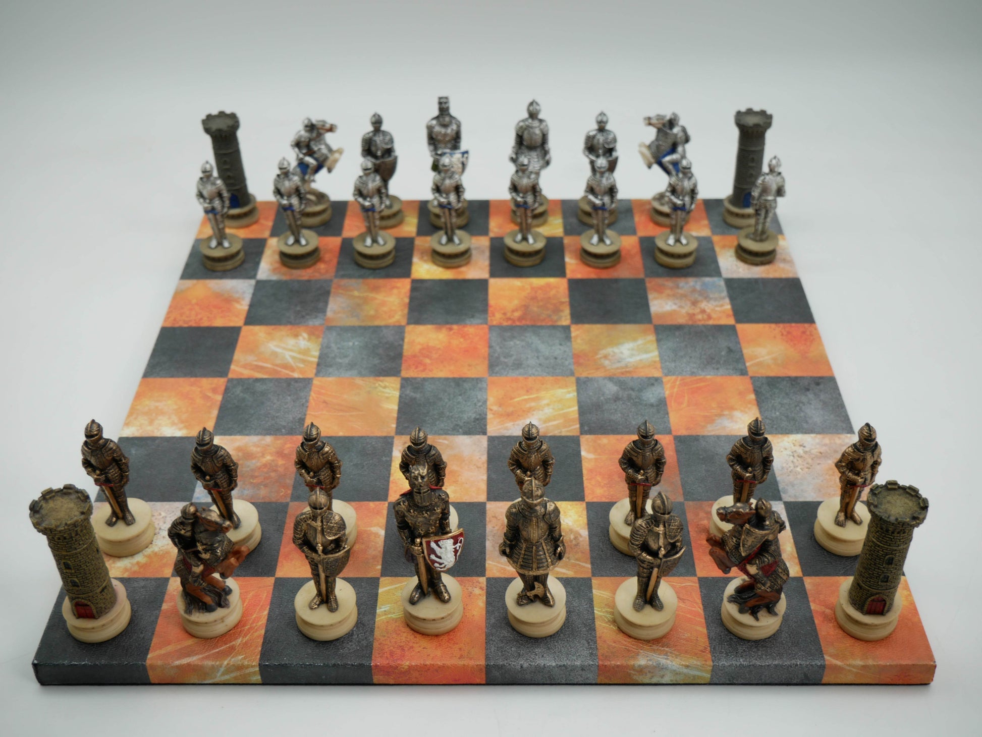 Chess Set - Painted Resin Medieval Knights Pieces on Fire & Dusky Black Faux Leatherette Chess Board - 