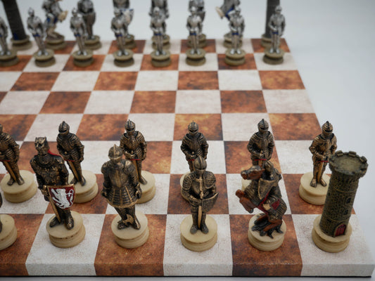 Chess Set - Painted Resin Medieval Knights Pieces on Caramel & Cream Faux Leatherette Chess Board - 