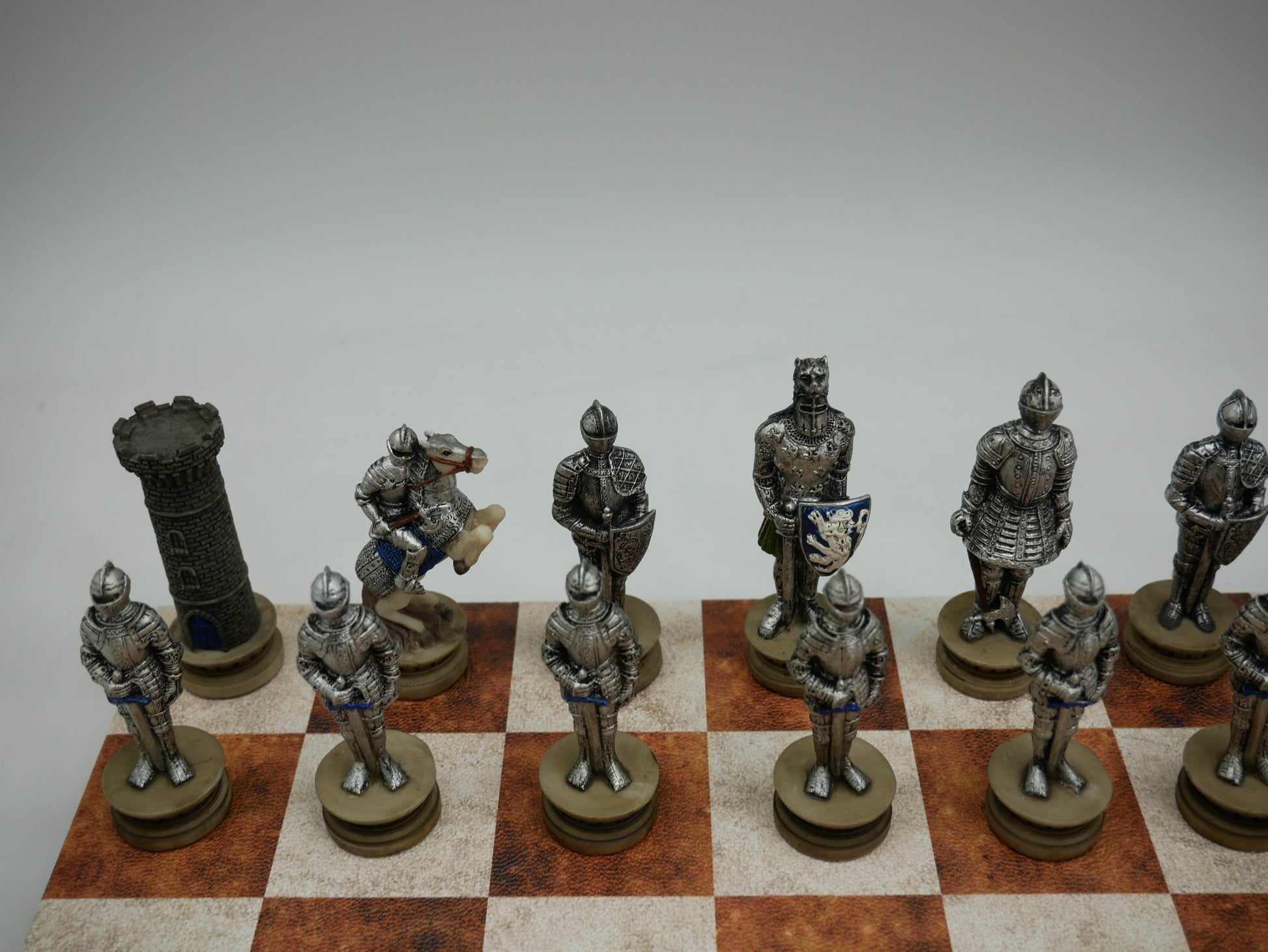 Chess Set - Painted Resin Medieval Knights Pieces on Caramel & Cream Faux Leatherette Chess Board - 
