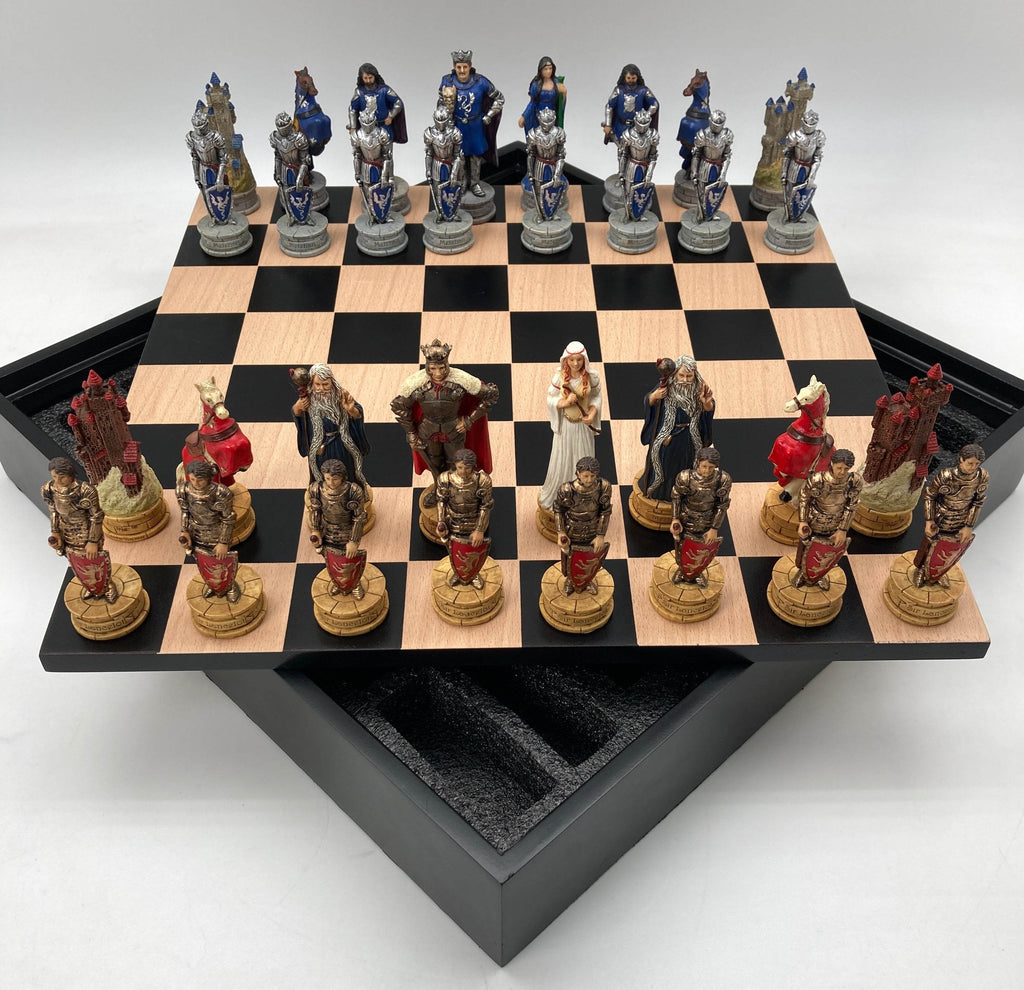 Chess Set - King Arthur Resin Chessmen in Black/Maple Chest - 