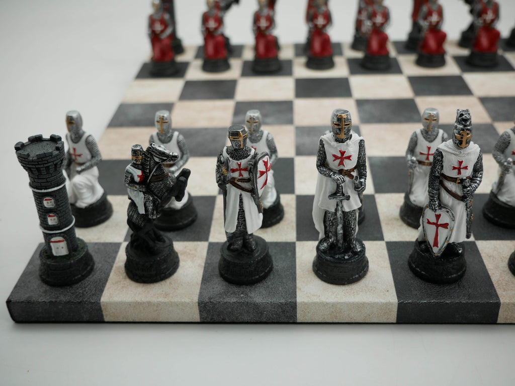 Chess Set - Crusades Chessmen on Black & Cream Faux Leatherette Chess Board - 
