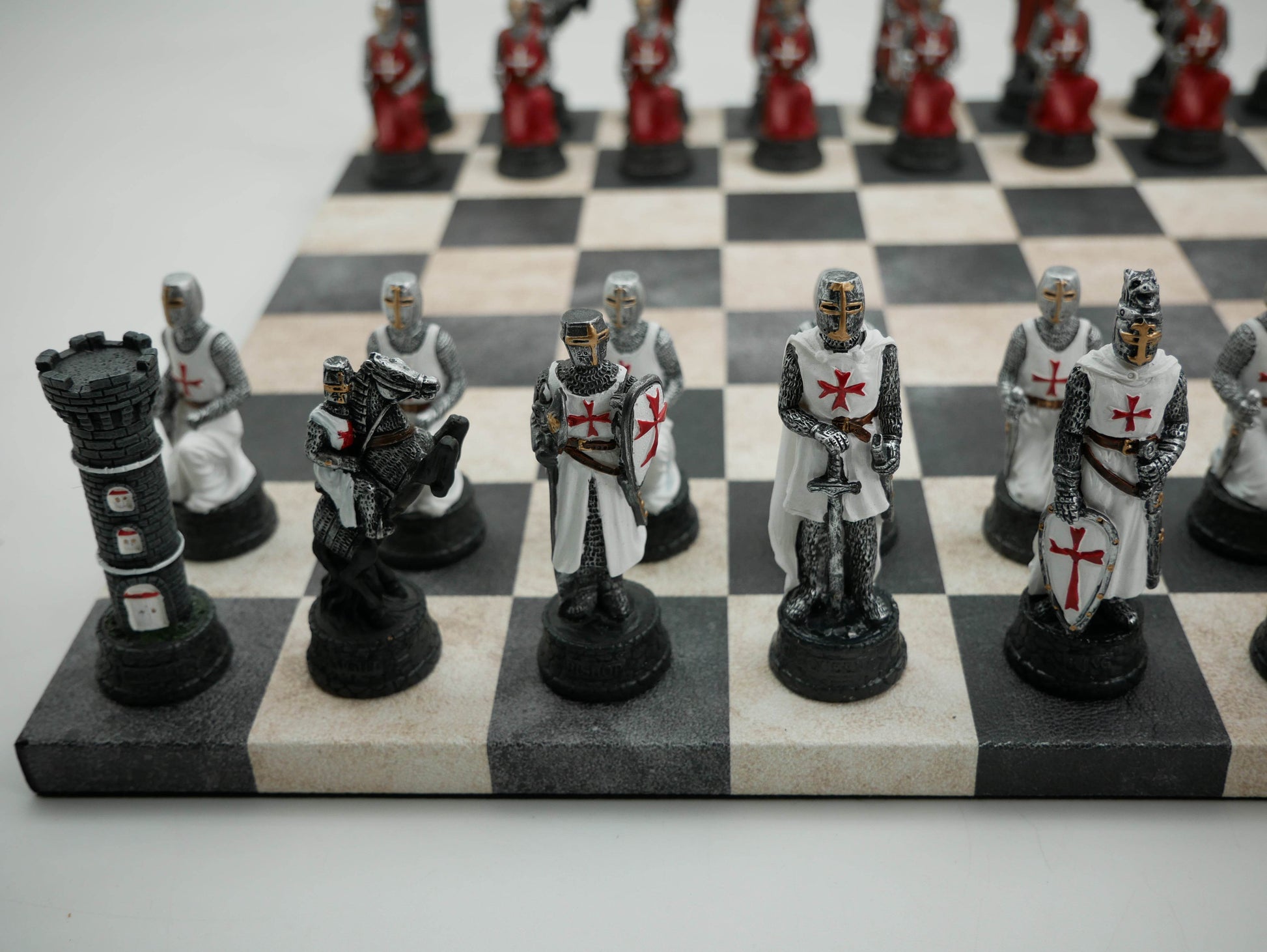 Chess Set - Crusades Chessmen on Black & Cream Faux Leatherette Chess Board - 