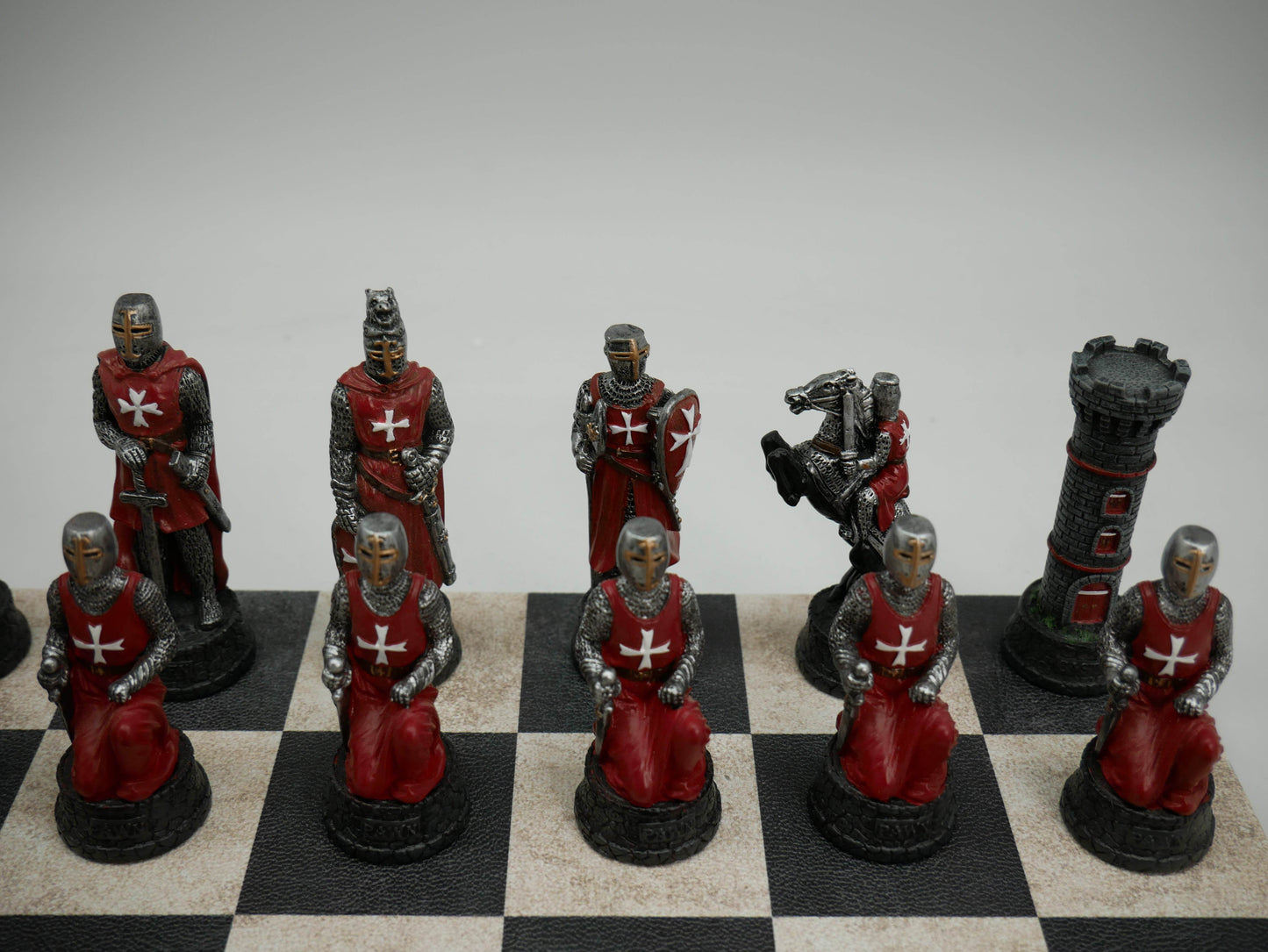 Chess Set - Crusades Chessmen on Black & Cream Faux Leatherette Chess Board - 