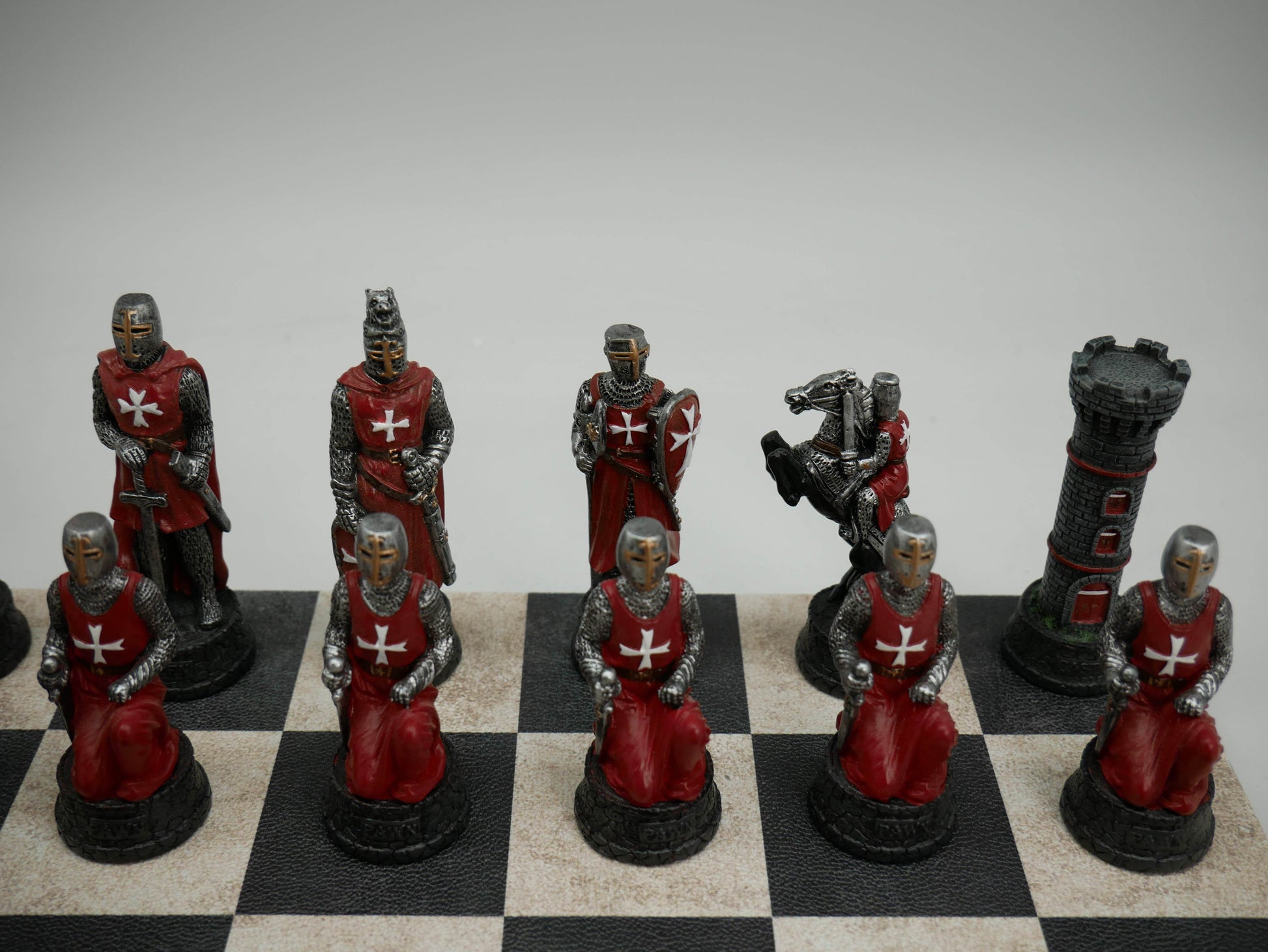 Chess Set - Crusades Chessmen on Black & Cream Faux Leatherette Chess Board - 