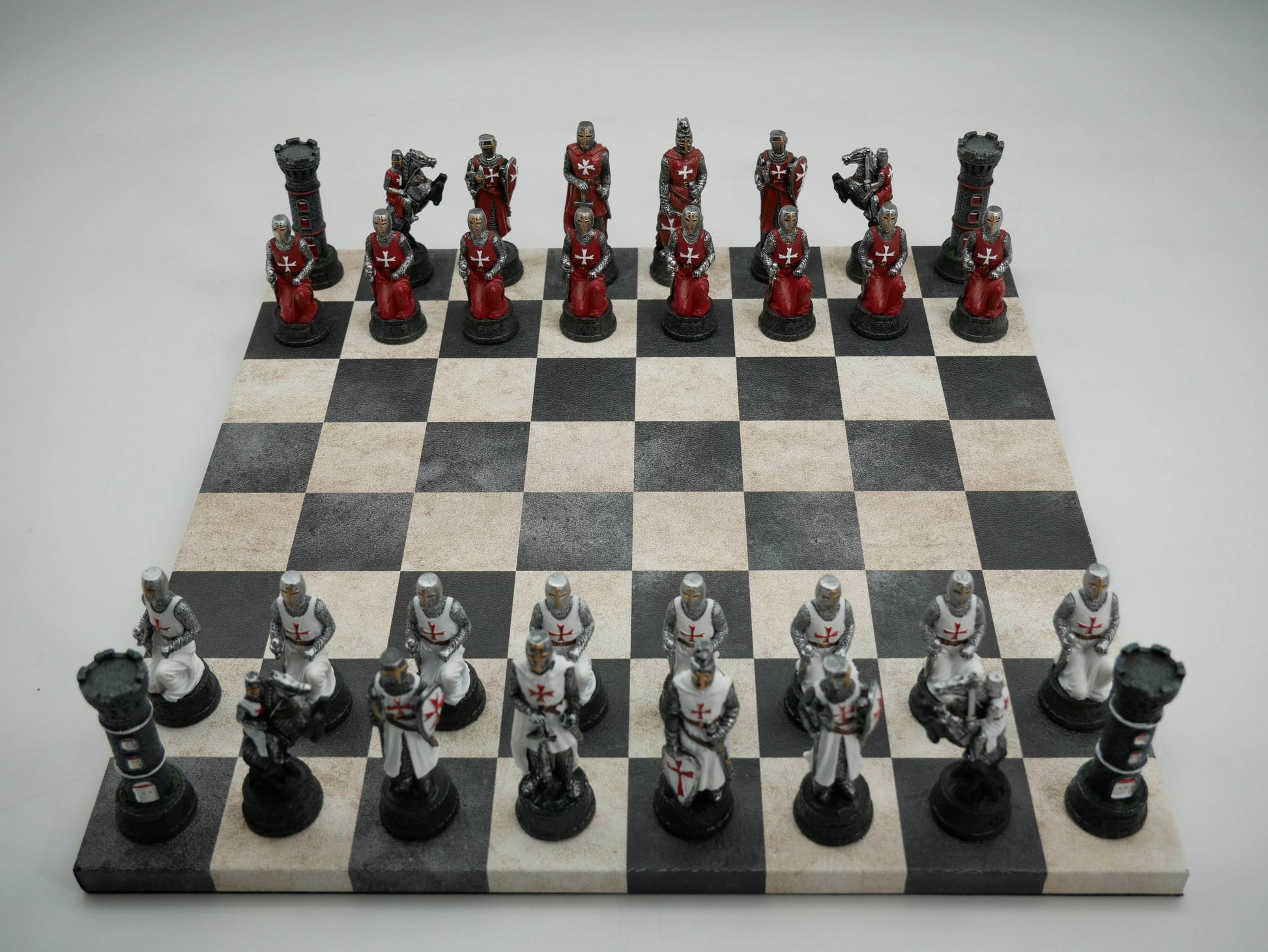 Chess Set - Crusades Chessmen on Black & Cream Faux Leatherette Chess Board - 