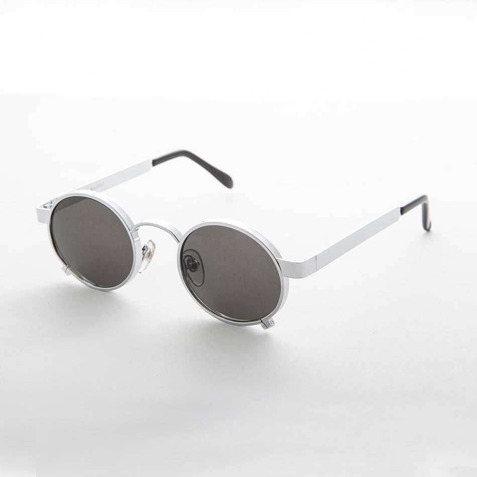 Round Steampunk Vintage Thick Rim Sunglass Goggle - Rankin 1 - Silver / Gray Lens