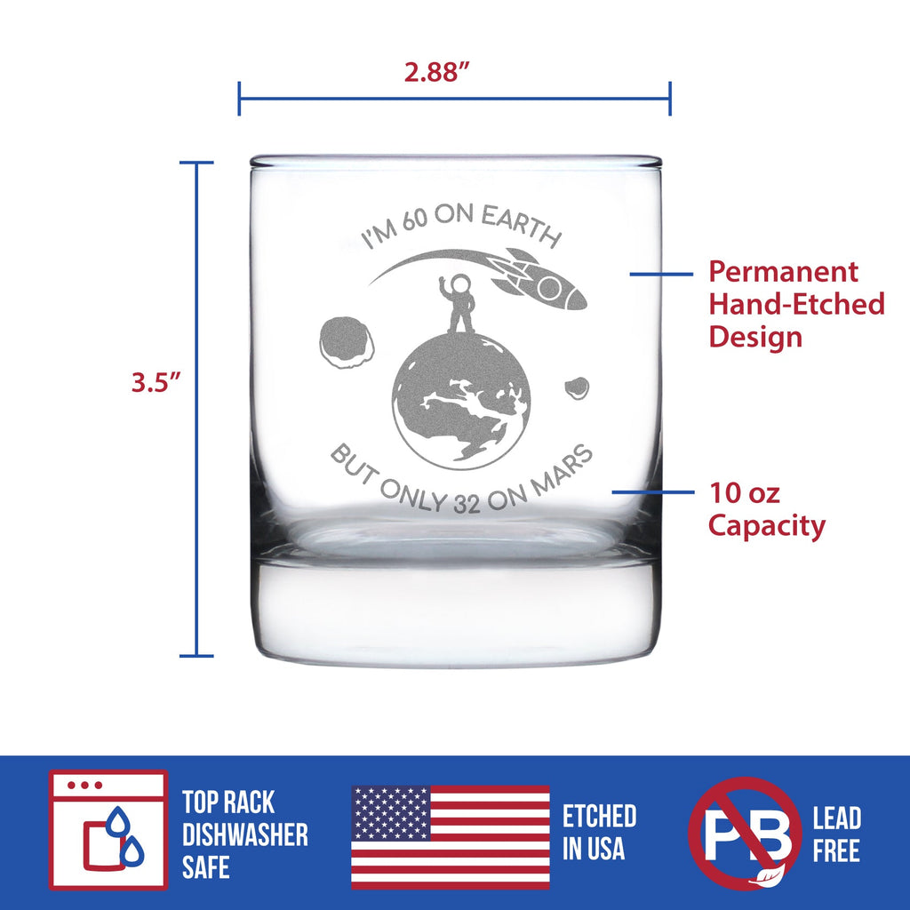 Age on Mars 60 - Whiskey Rocks Glass Gift - Unique Funny 60th Birthday Gifts for Women and Men - 10.25 oz Glasses