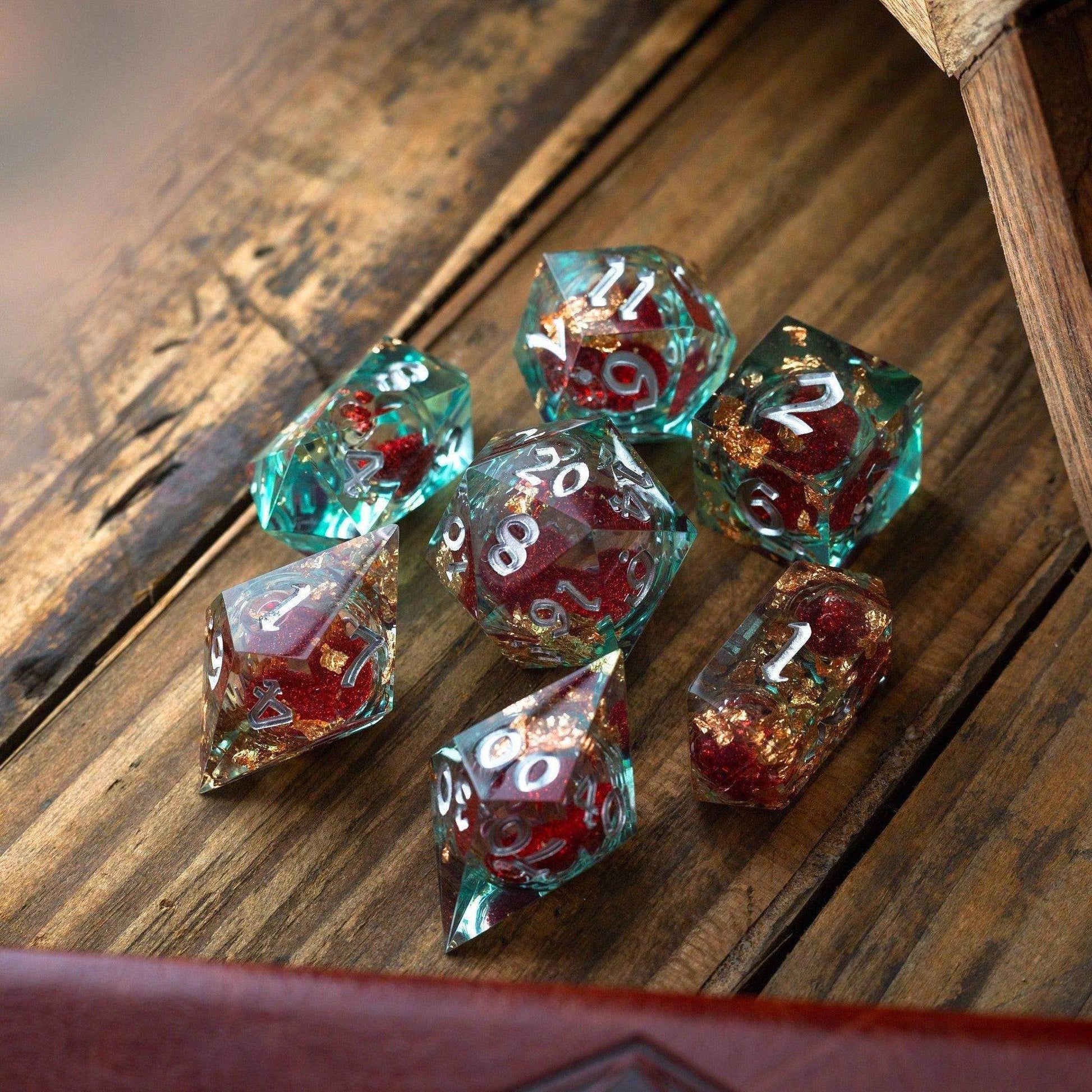 Red And Gold Glitter Liquid Core Handmade Resin DND Dice Set - 1 D20 (Not Full Set)