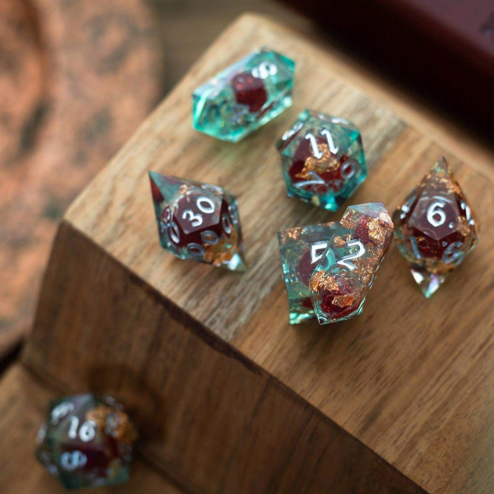 Red And Gold Glitter Liquid Core Handmade Resin DND Dice Set - 1 D20 (Not Full Set)