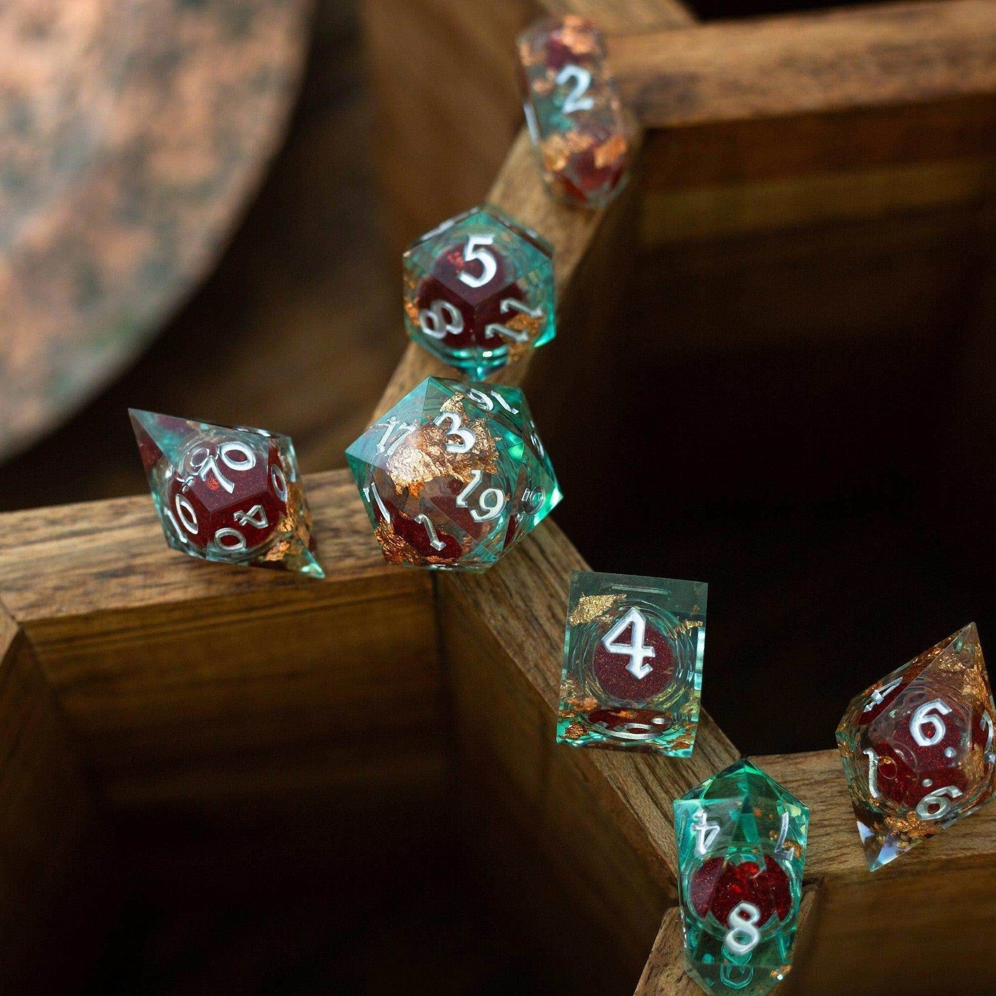 Red And Gold Glitter Liquid Core Handmade Resin DND Dice Set - 1 D20 (Not Full Set)