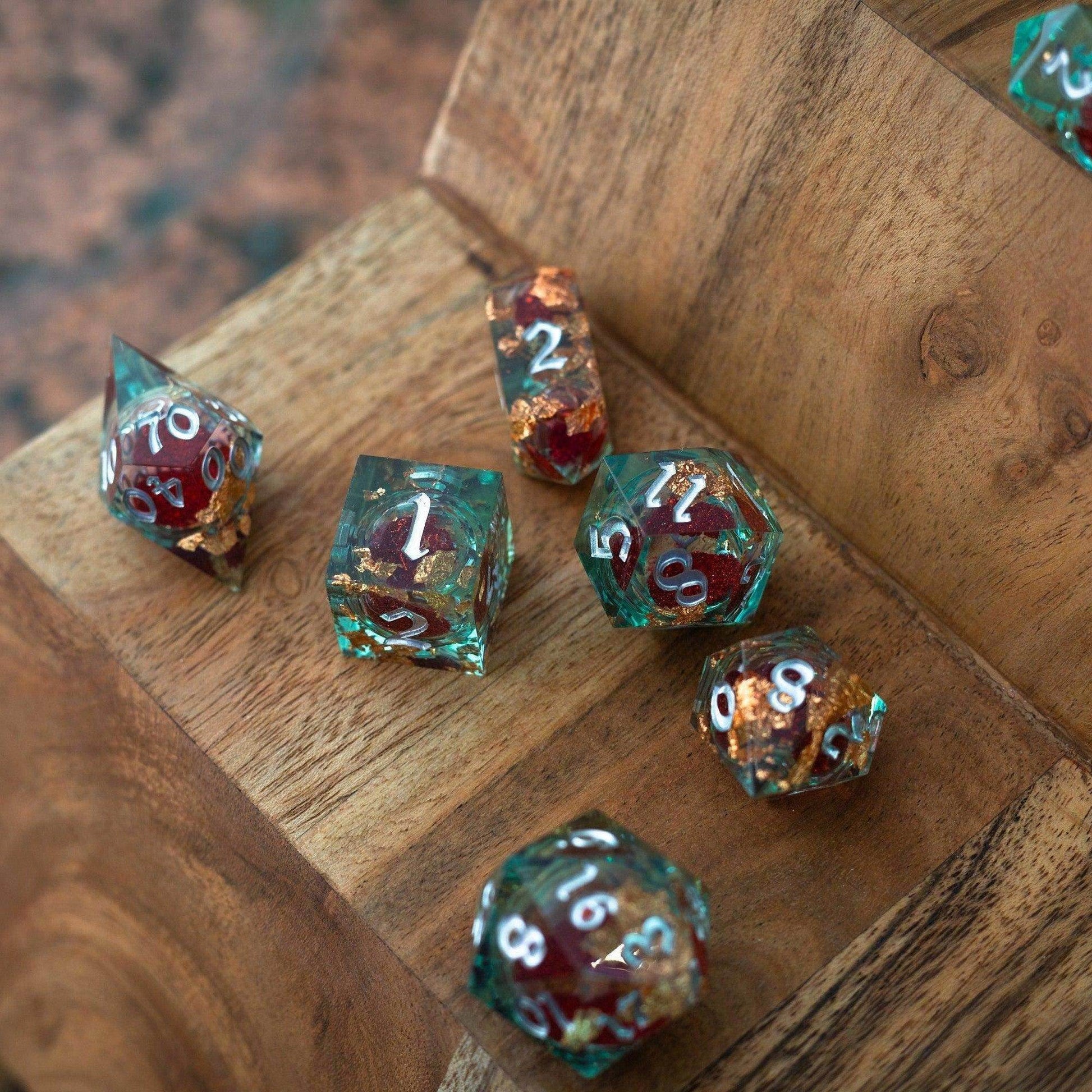 Red And Gold Glitter Liquid Core Handmade Resin DND Dice Set - 1 D20 (Not Full Set)