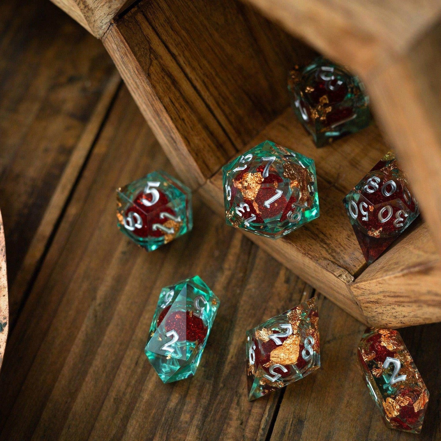 Red And Gold Glitter Liquid Core Handmade Resin DND Dice Set - 1 D20 (Not Full Set)