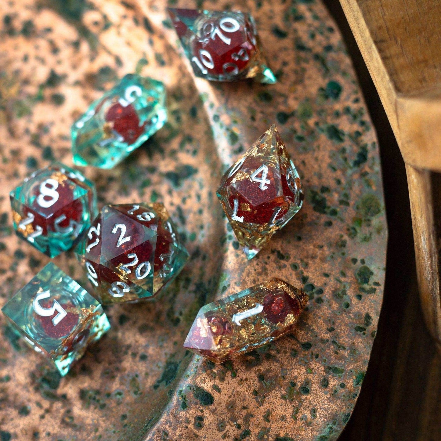Red And Gold Glitter Liquid Core Handmade Resin DND Dice Set - 1 D20 (Not Full Set)