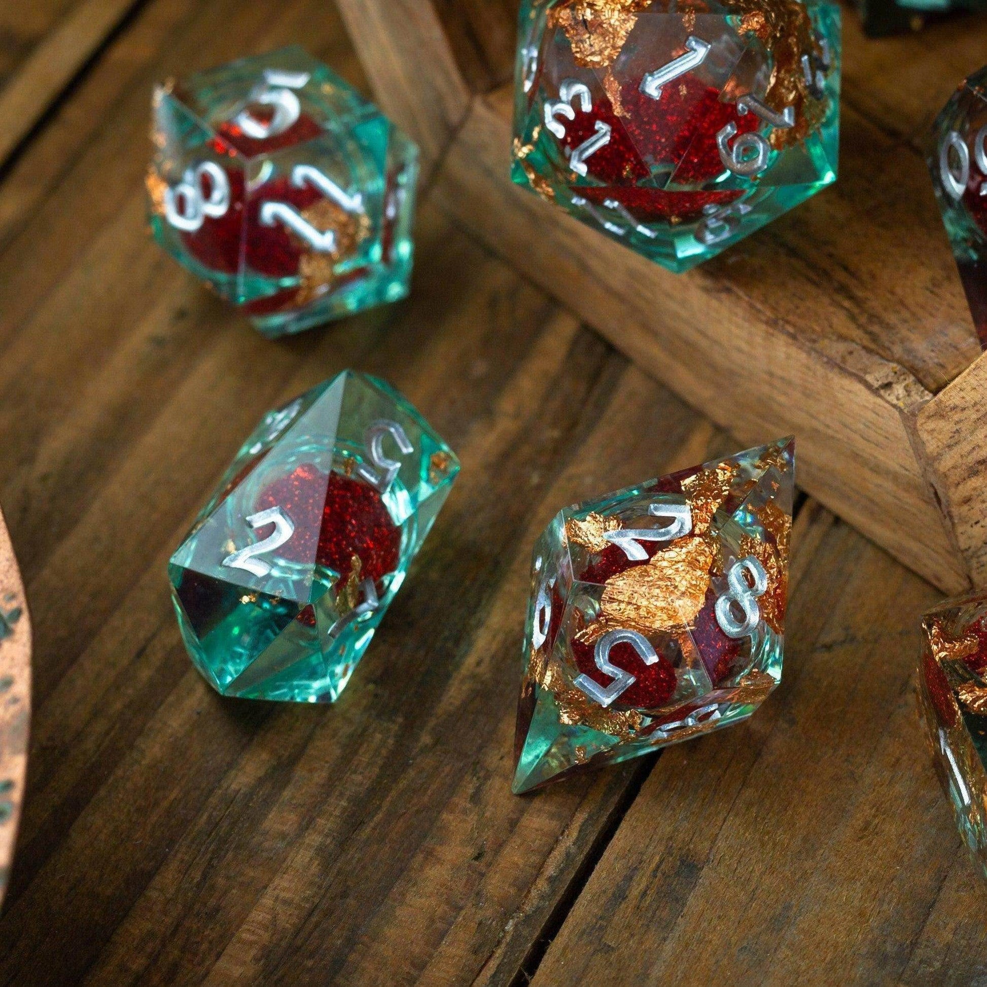 Red And Gold Glitter Liquid Core Handmade Resin DND Dice Set - 1 D20 (Not Full Set)