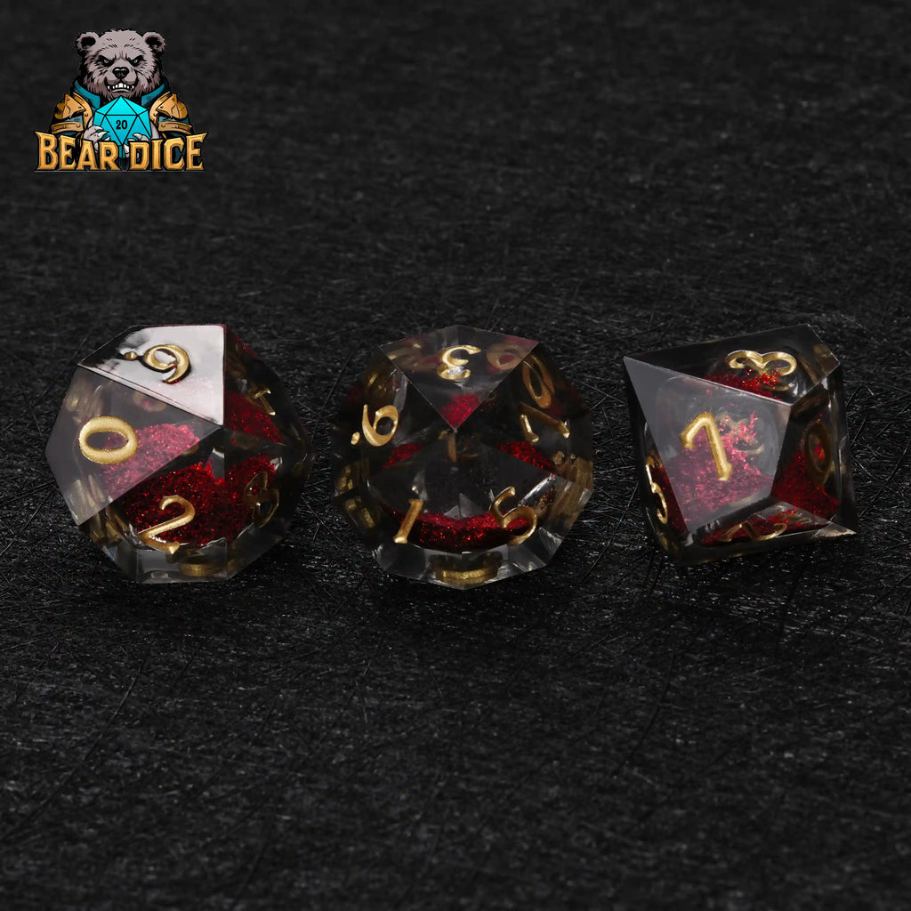 Red Liquid Core Resin D10 Dice Set + Gold Numerals (D10 Dice)