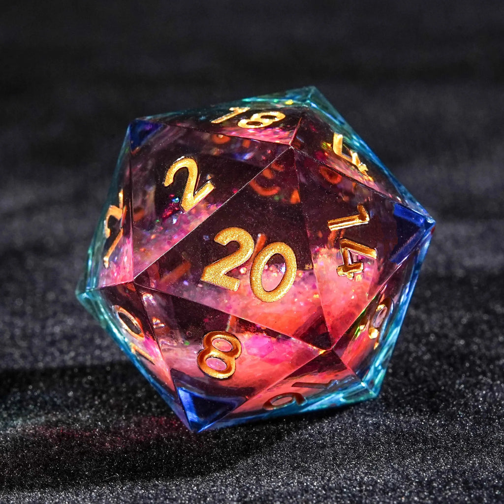 Colorful Glitter Core Quicksand Resin DND Dice Set + Gold Font
