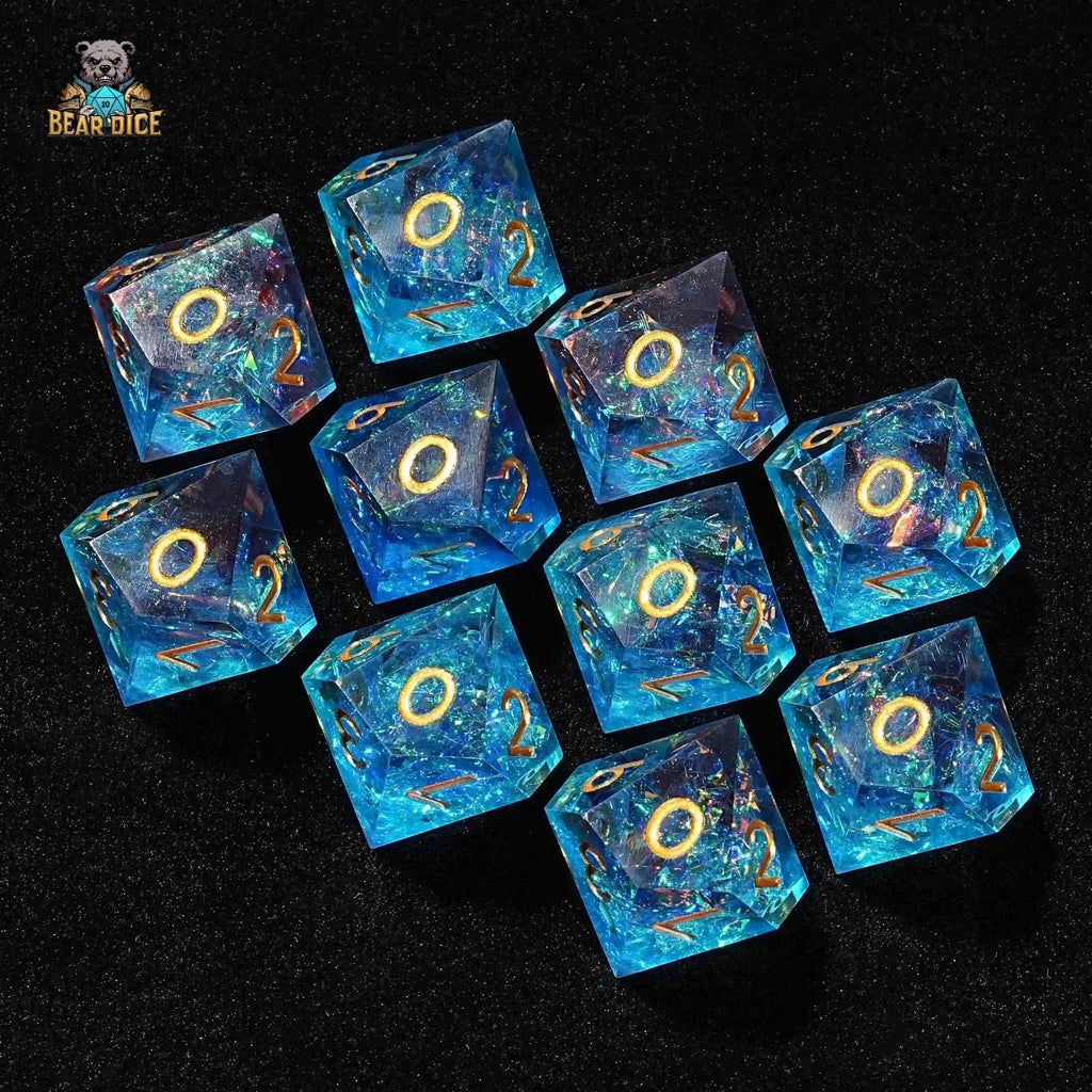 D10 Fantasy Translucent Sequin Red and Blue Resin D&D 10-Sided Dice - Gold Numbers