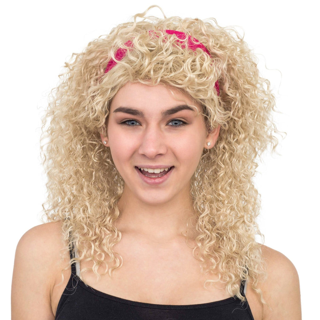 Retro 80s Aerobics Instructor Deluxe Halloween Cosplay Costume Wig and Headband Set