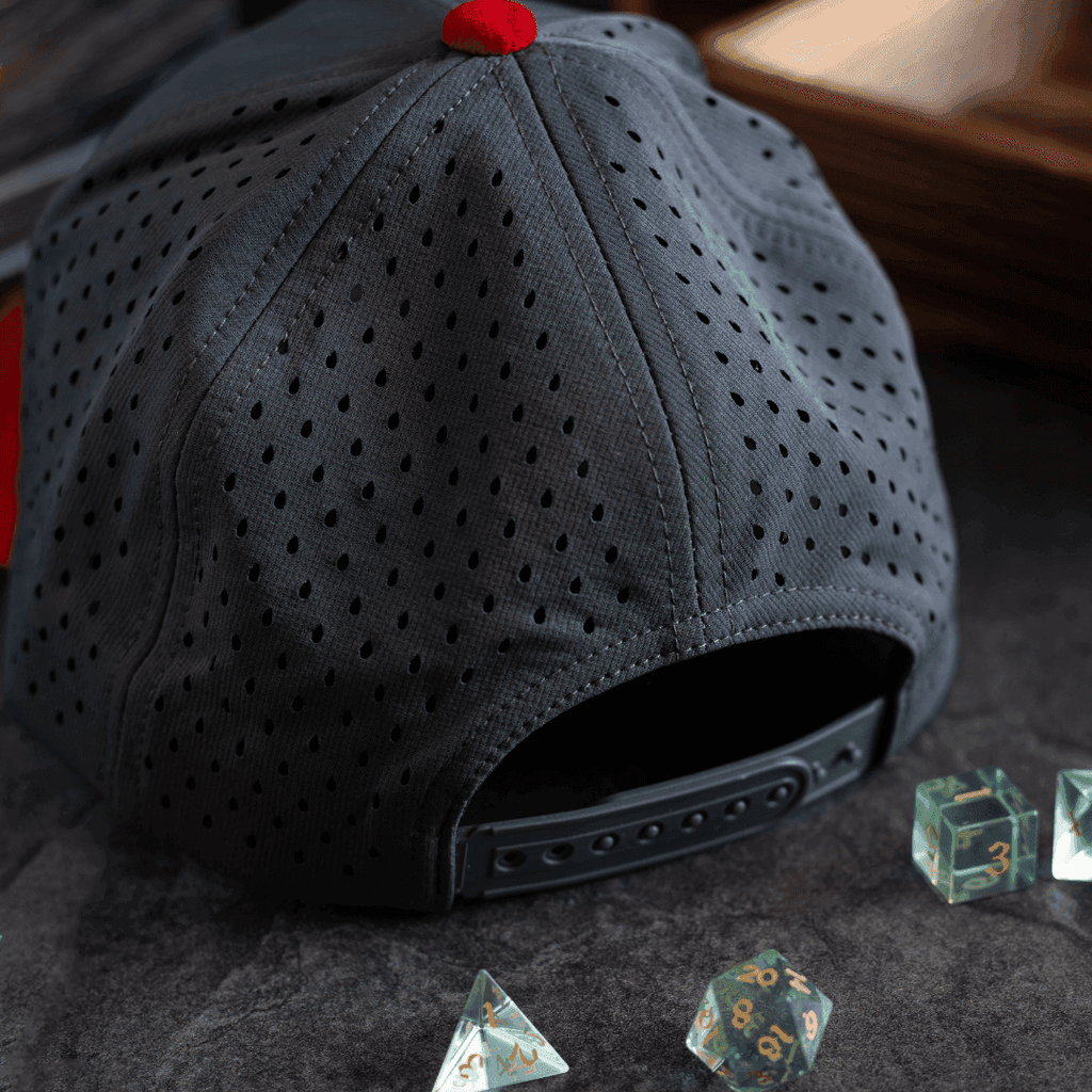 Runic D20 Snapback Hat | RPG Dice Cap for DND & Tabletop Gamers - Red Brim DND Hat