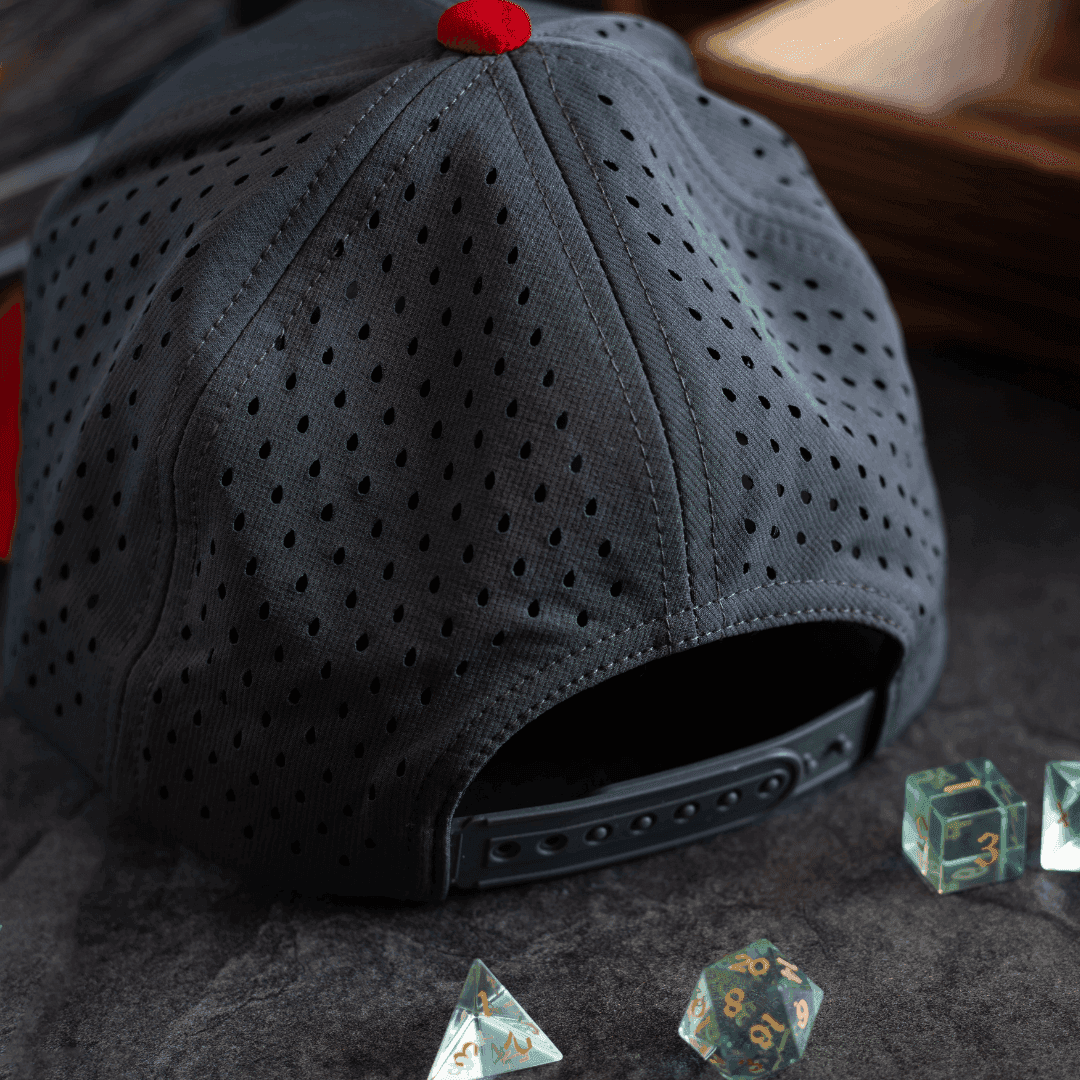 Runic D20 Snapback Hat | RPG Dice Cap for DND & Tabletop Gamers - Red Brim DND Hat