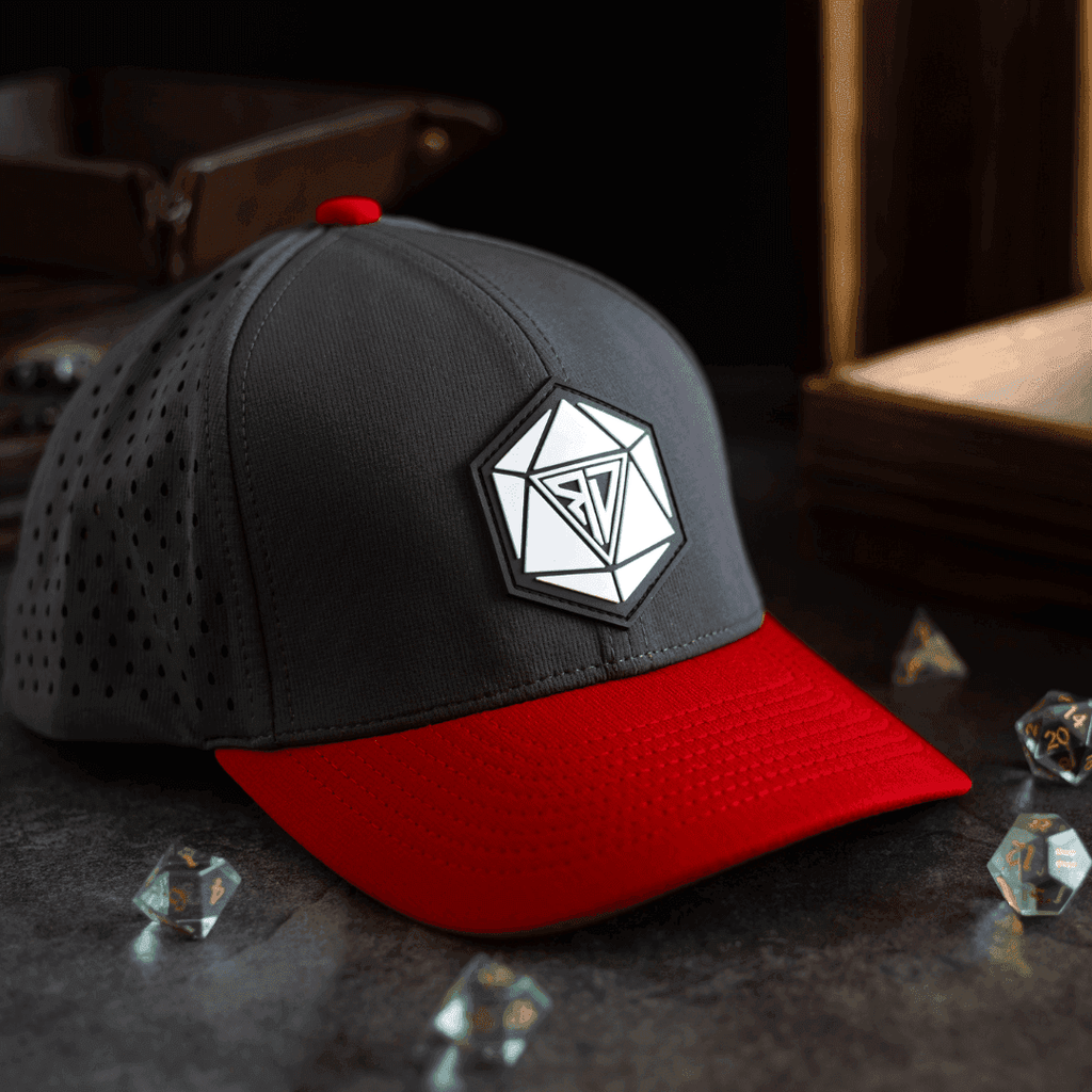 Runic D20 Snapback Hat | RPG Dice Cap for DND & Tabletop Gamers - Red Brim DND Hat