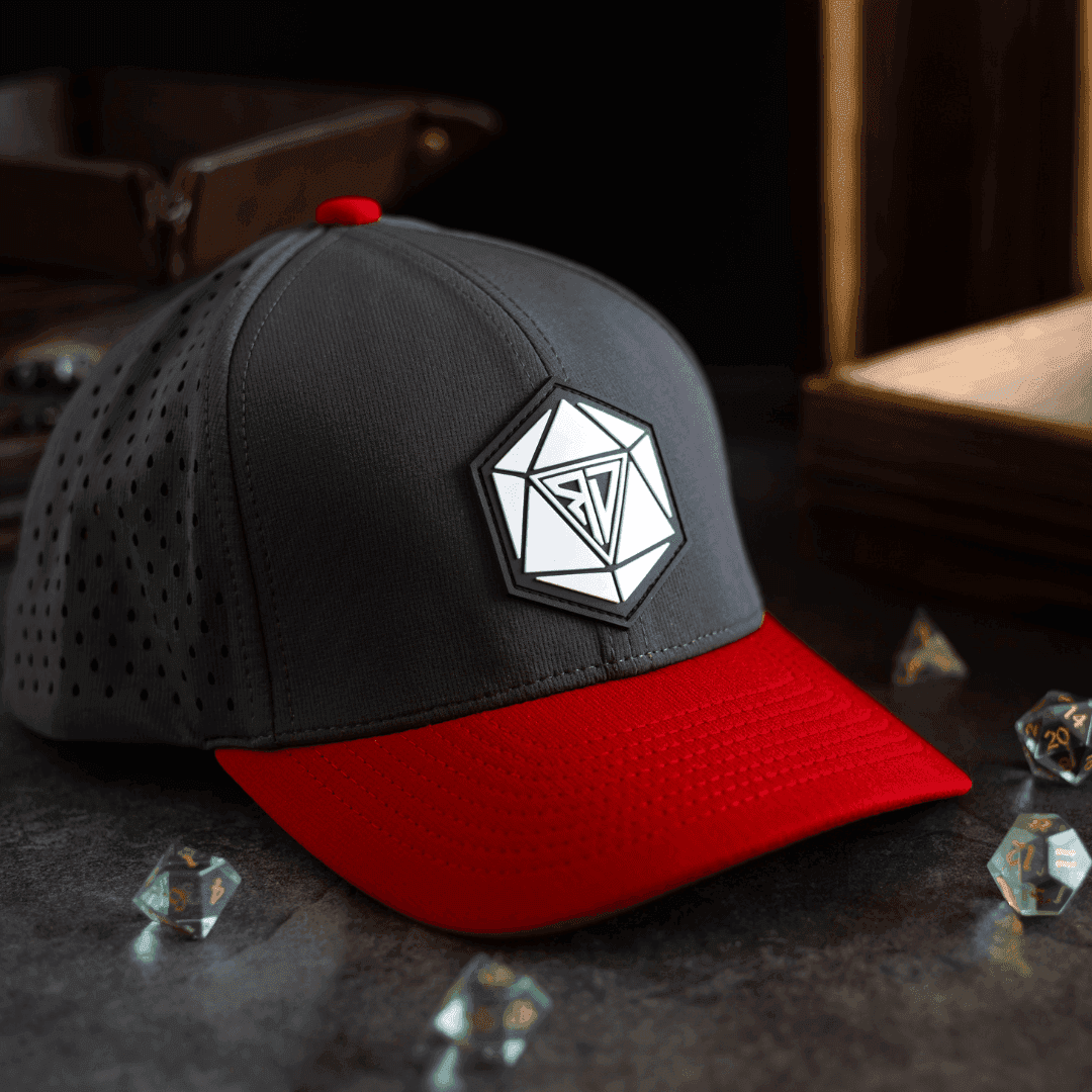 Runic D20 Snapback Hat | RPG Dice Cap for DND & Tabletop Gamers - Red Brim DND Hat