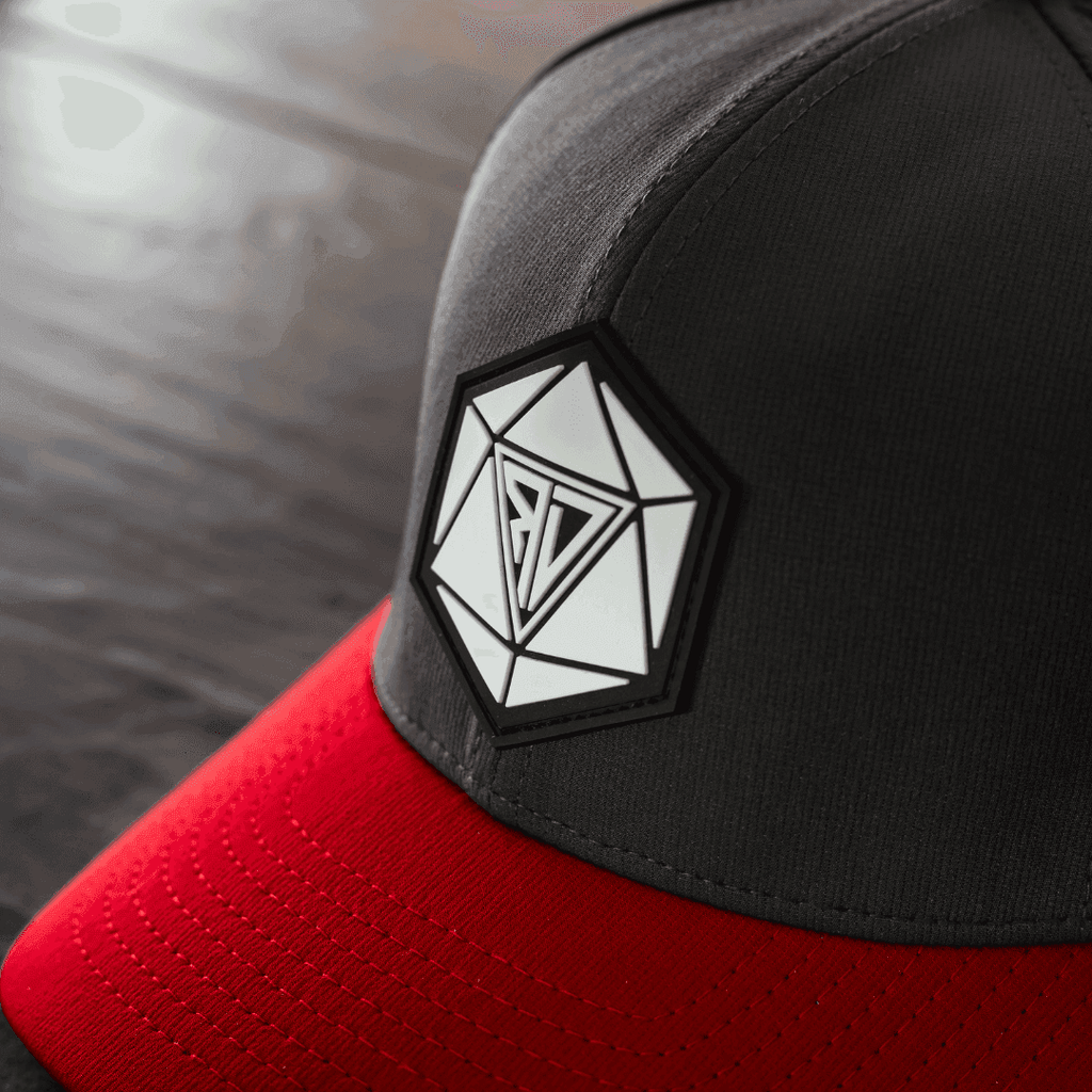 Runic D20 Snapback Hat | RPG Dice Cap for DND & Tabletop Gamers - Red Brim DND Hat