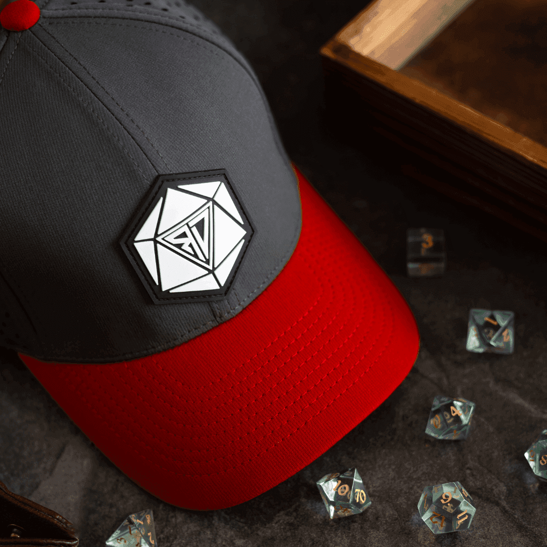 Runic D20 Snapback Hat | RPG Dice Cap for DND & Tabletop Gamers - Red Brim DND Hat