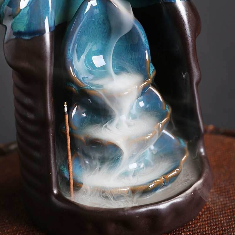 Blue Lucky Deer Ceramic Waterfall Backflow Incense Burner - 