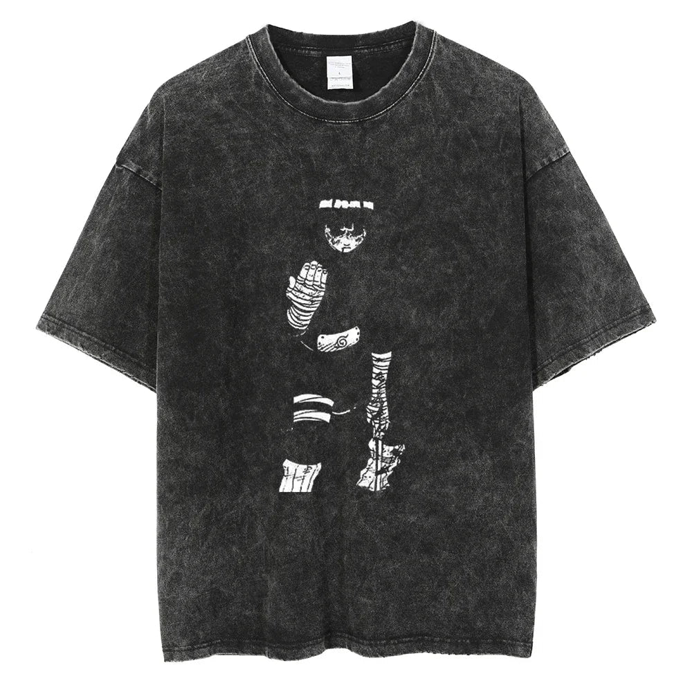 Naruto Rock Lee Streetwear T Shirt Vintage Washed Black