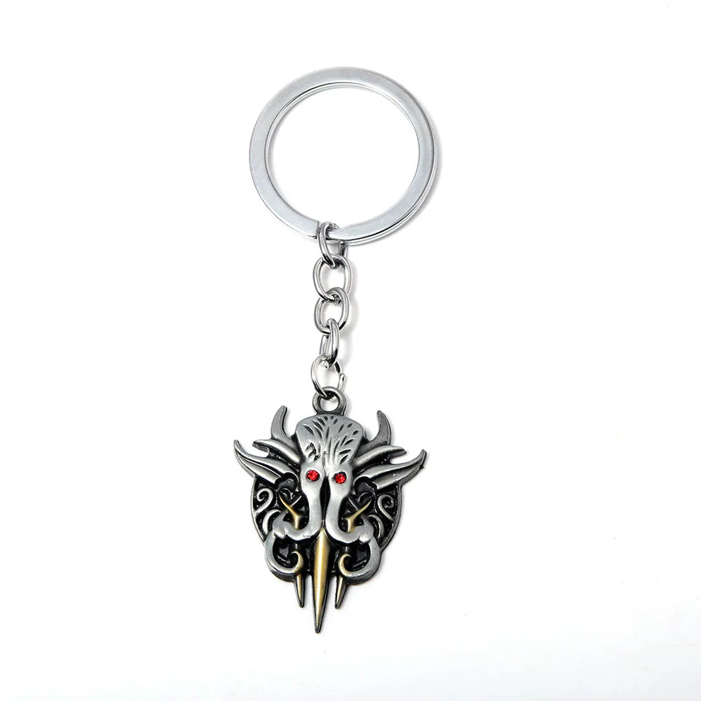 Vintage Baldurs Gate Ghost Pendant Keychain for Men Two Tone Red Stone Filled Metal Key Ring Finder Fans Collection Jewelry