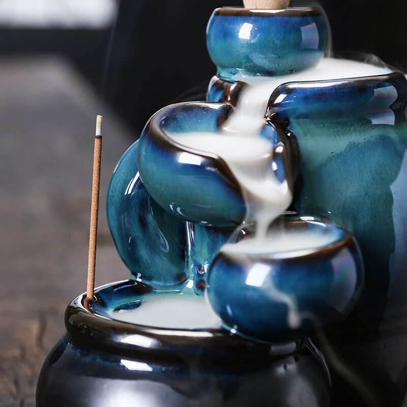 Blue Jars Cascading Waterfall Backflow Incense Burner Holder - 