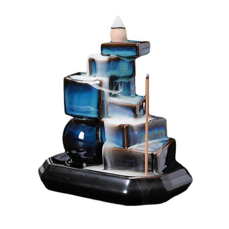 Blue Cubes Waterfall-Cascading Backflow Incense Burner - 