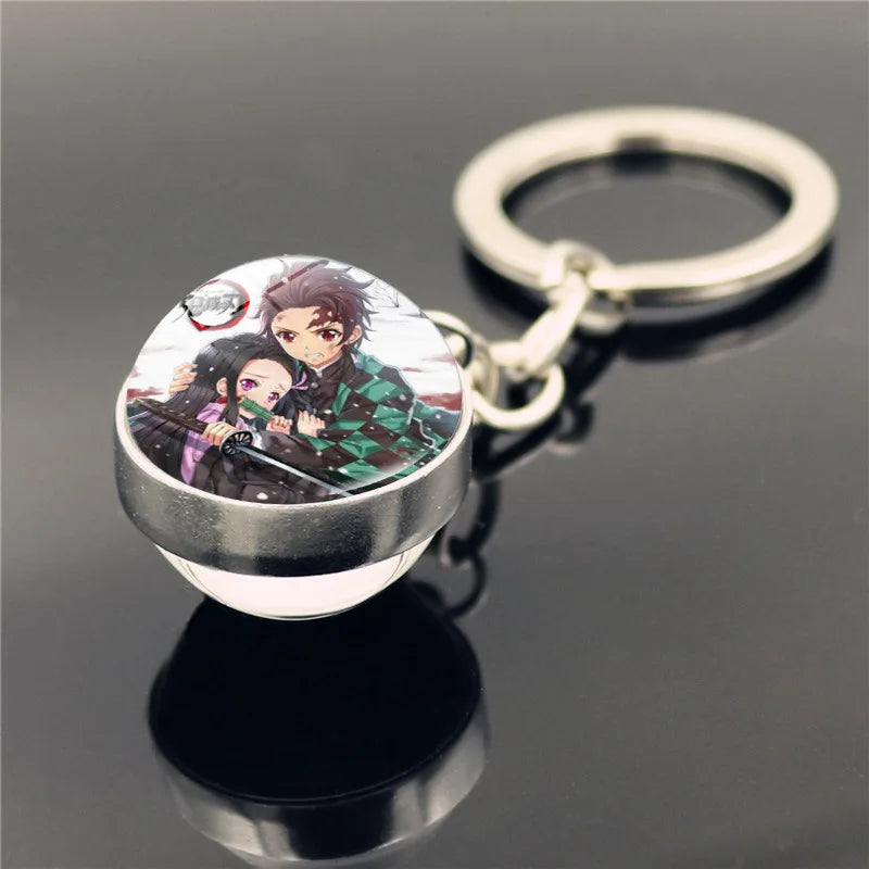 Cartoon Demon Slayer Keychain Kamado Nezuko Kanroji Mitsuri Tsuyuri Kanawo Double Sided Glass Ball Pendant Backpack Keychains