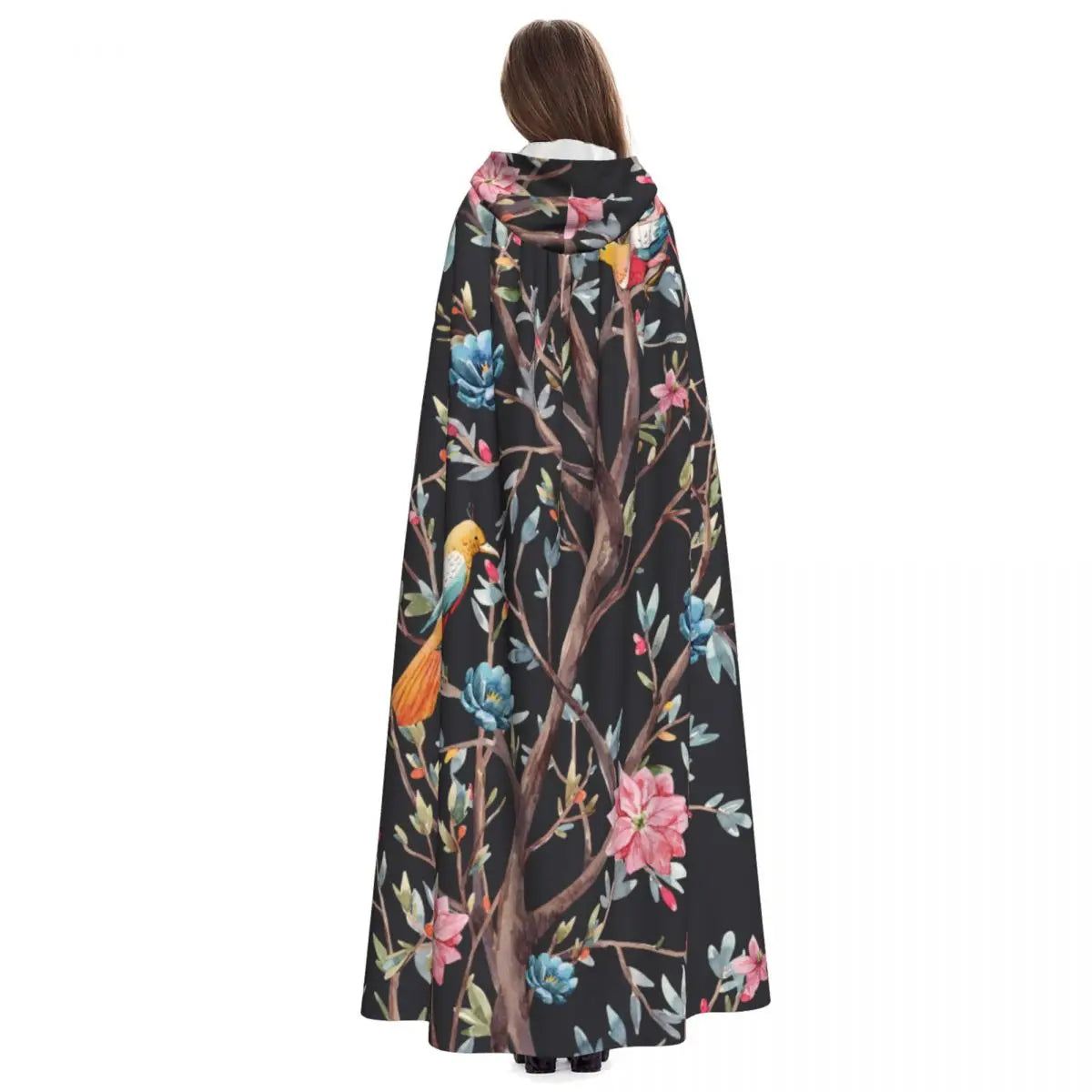 Arbre à fleurs de printemps aquarelle avec oiseaux, Cape à capuche en Polyester unisexe, accessoire de Costume de sorcière