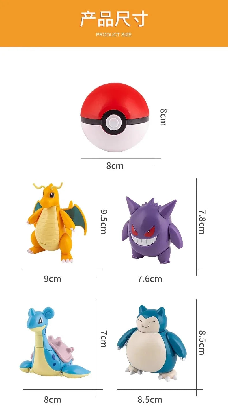 Pokemon Pokeball Anime Figures Toys, Pikachu Gengar Dragonite Snorlax Lapras Pocket Pokeball Toys