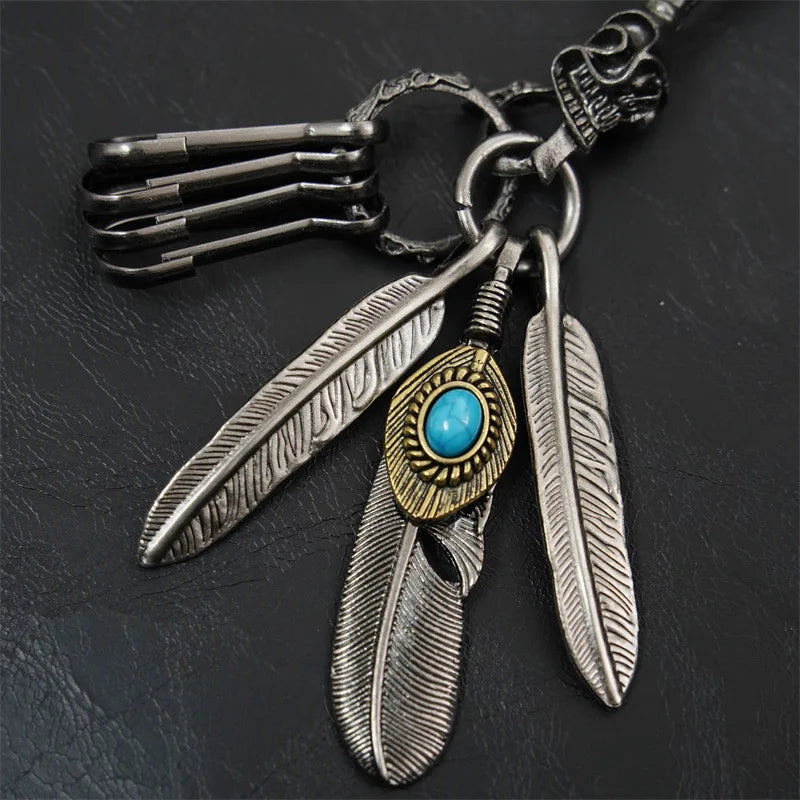 New Fashion Trends Vintage Aesthetic Metal Hook Keychain Charm Feather Turquoise Creative Waist Ornament Pendant