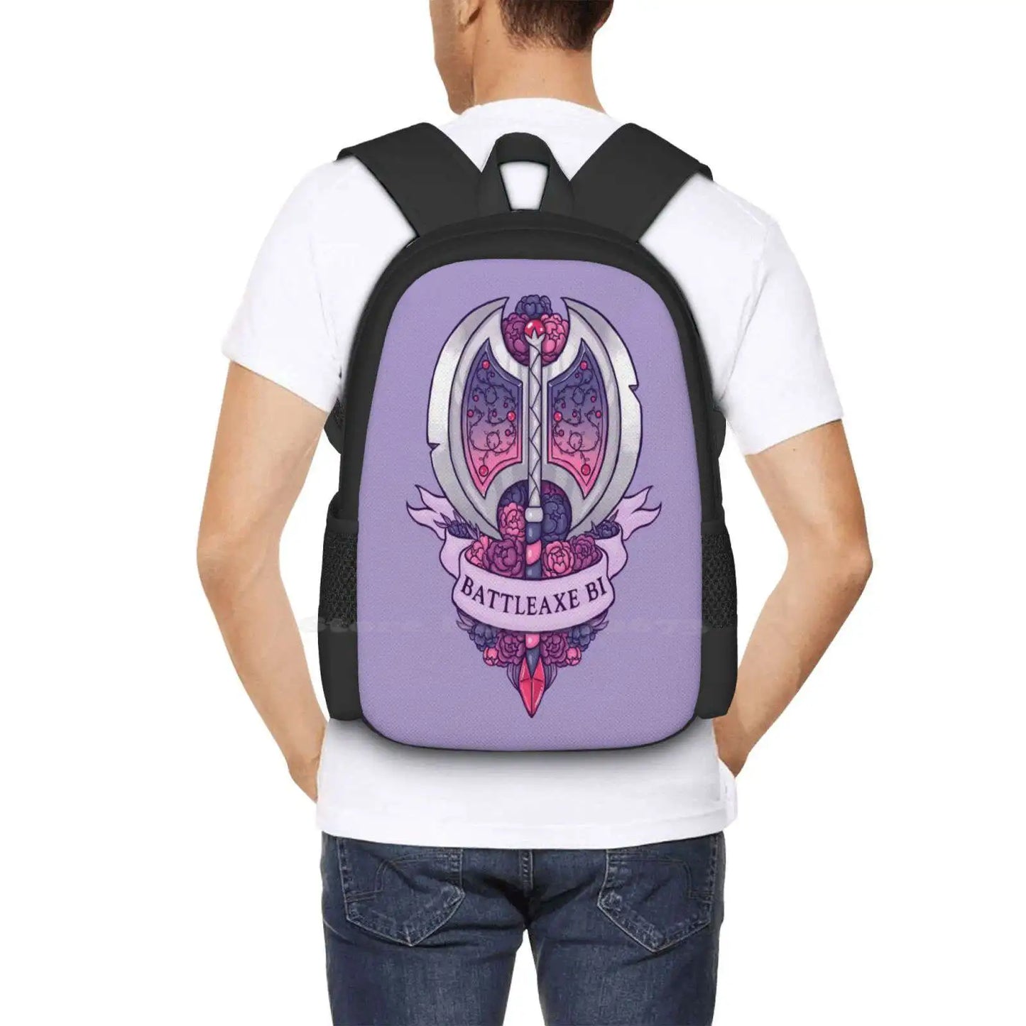 Mochila Battleaxe Bi para estudiantes, escuela, portátil, bolsa de viaje, Battleaxe, flores, peonía, cinta, Dnd y dragones, armas, bisexualidad