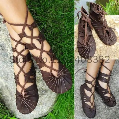 Medieval Gothic Vintage Boots for Women Elf Witch Leaves Lace Up Shoes Cosplay Costume Vintage Strappy Flat Sandals Summer