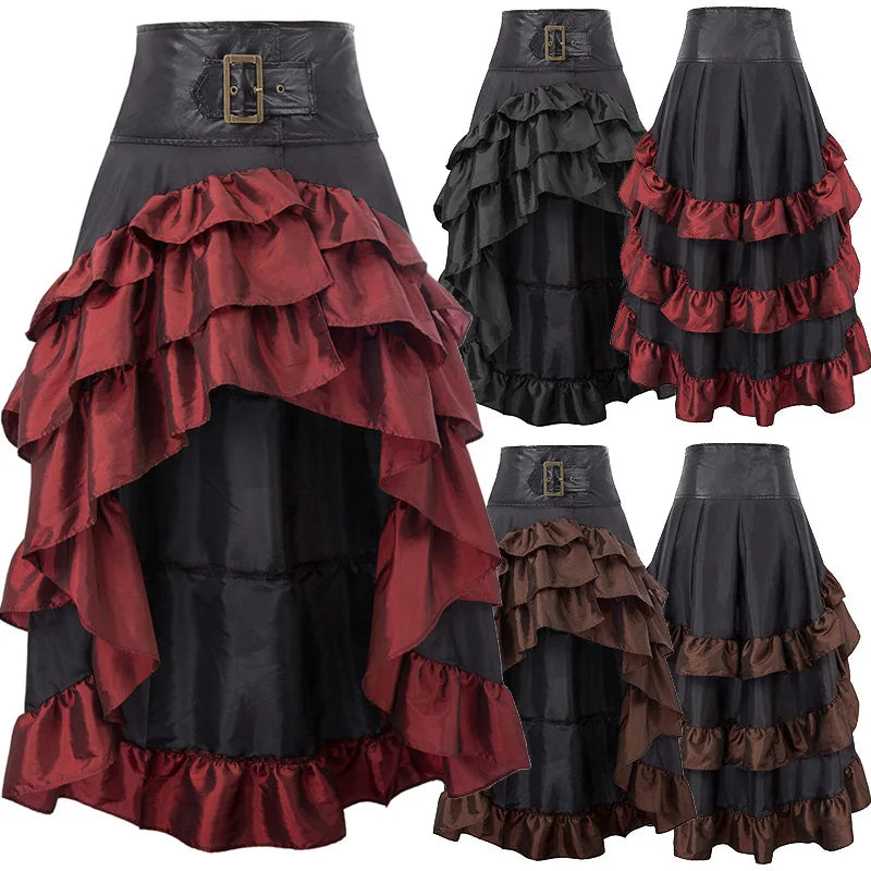 Cosplay Vintage vestido retrofuturista victoriano Medieval con volantes satén y adorno de encaje faldas góticas mujeres falda con corsé disfraces de pirata