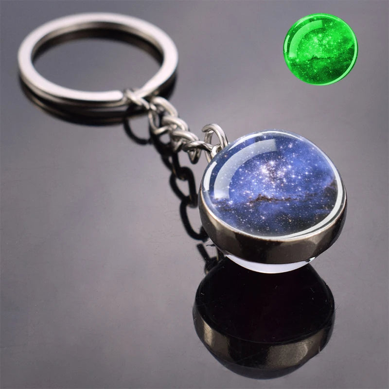 Glow In The Dark Multicolor Planet Galaxy Keychain Universe Key Chain Outer Space Astronomical Jewelry Glass Ball Keyring