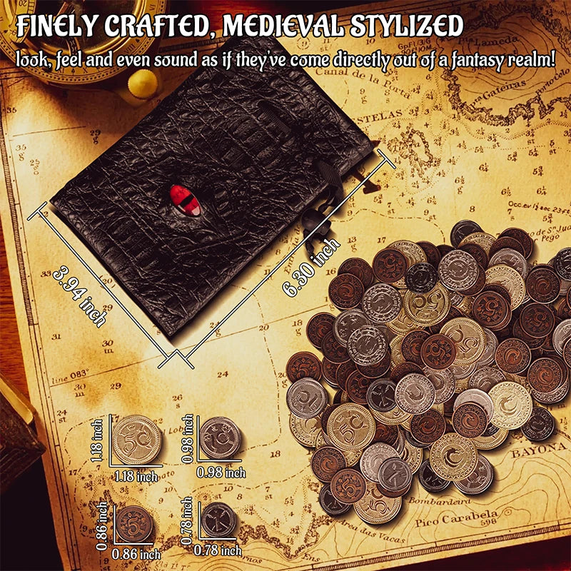 Juego de 60 monedas de metal DND con bolsa de cuero: fichas de juego, tesoro pirata, accesorios y accesorios para juegos de mesa