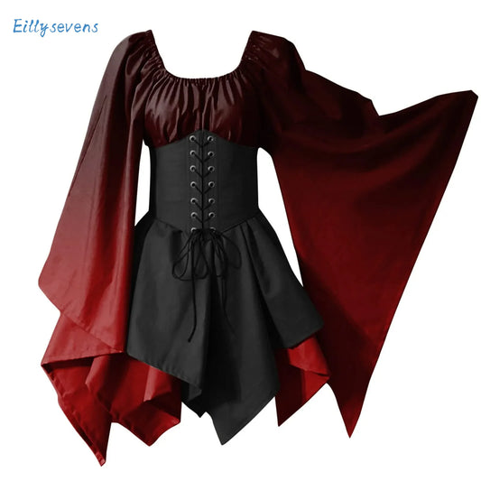 Medieval Cos Corset Dress Renaissance Fairy Elf Robin Hood Cosplay Costumes Halloween Women Flare Sleeve Gown Party A Line Dress